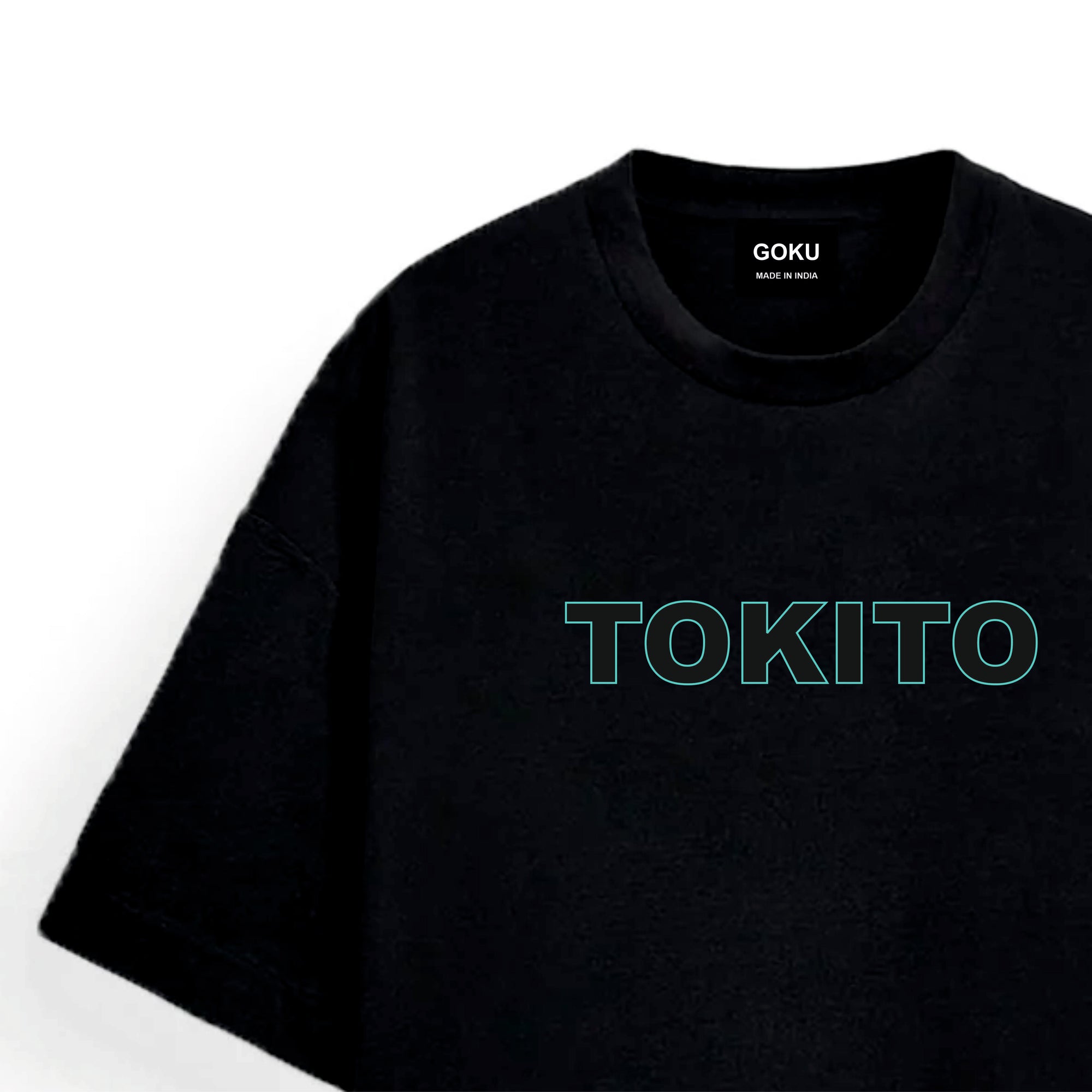 Black t-shirt with 'TOKITO' printed in green on a white background