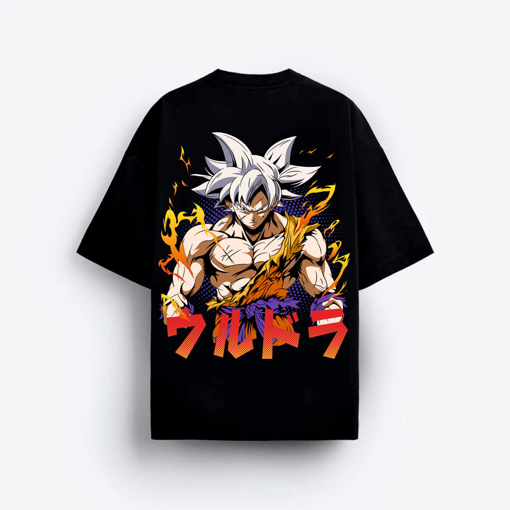Black t-shirt with a goku character design and Japanese text on a white background