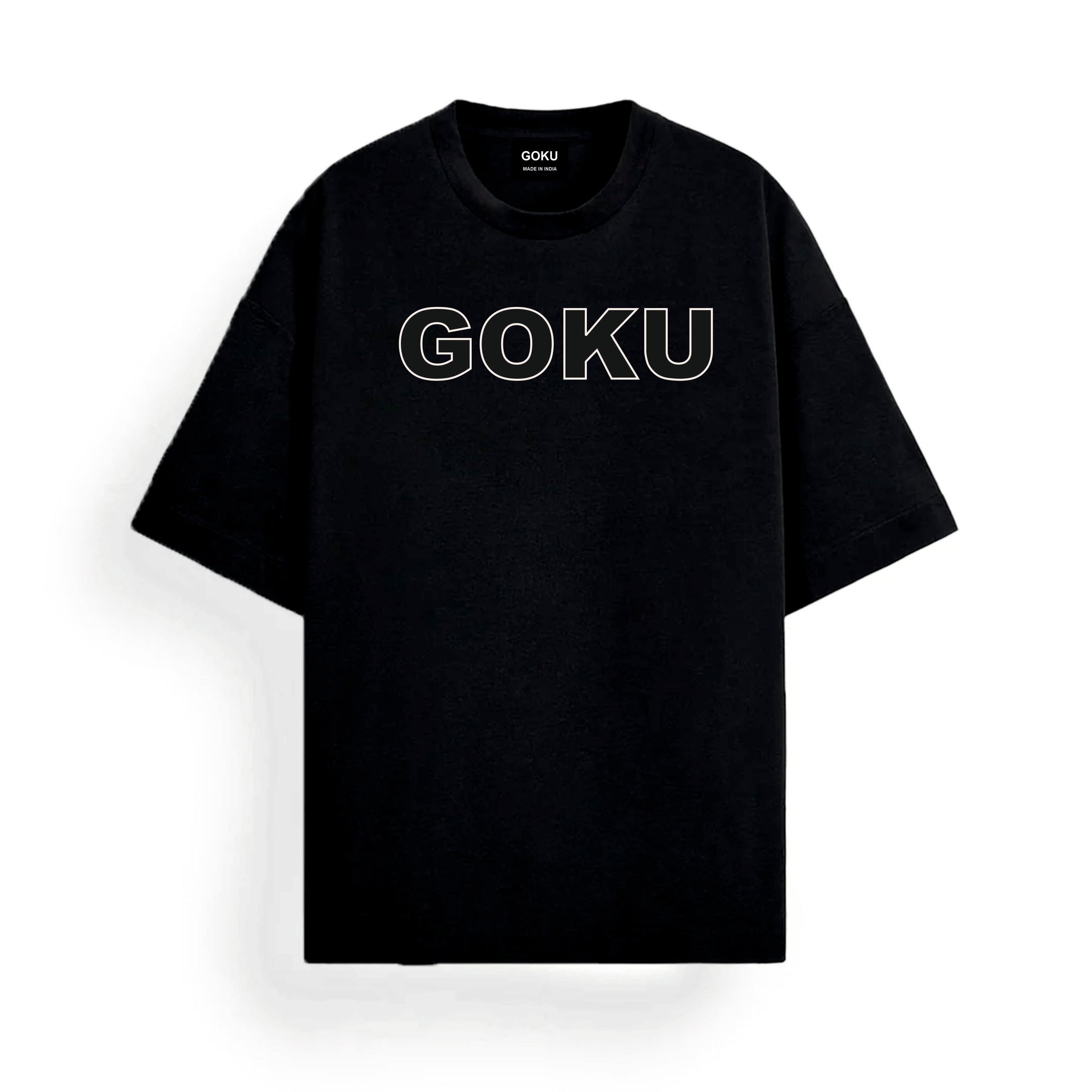 Black t-shirt with 'GOKU' printed on it against a white background