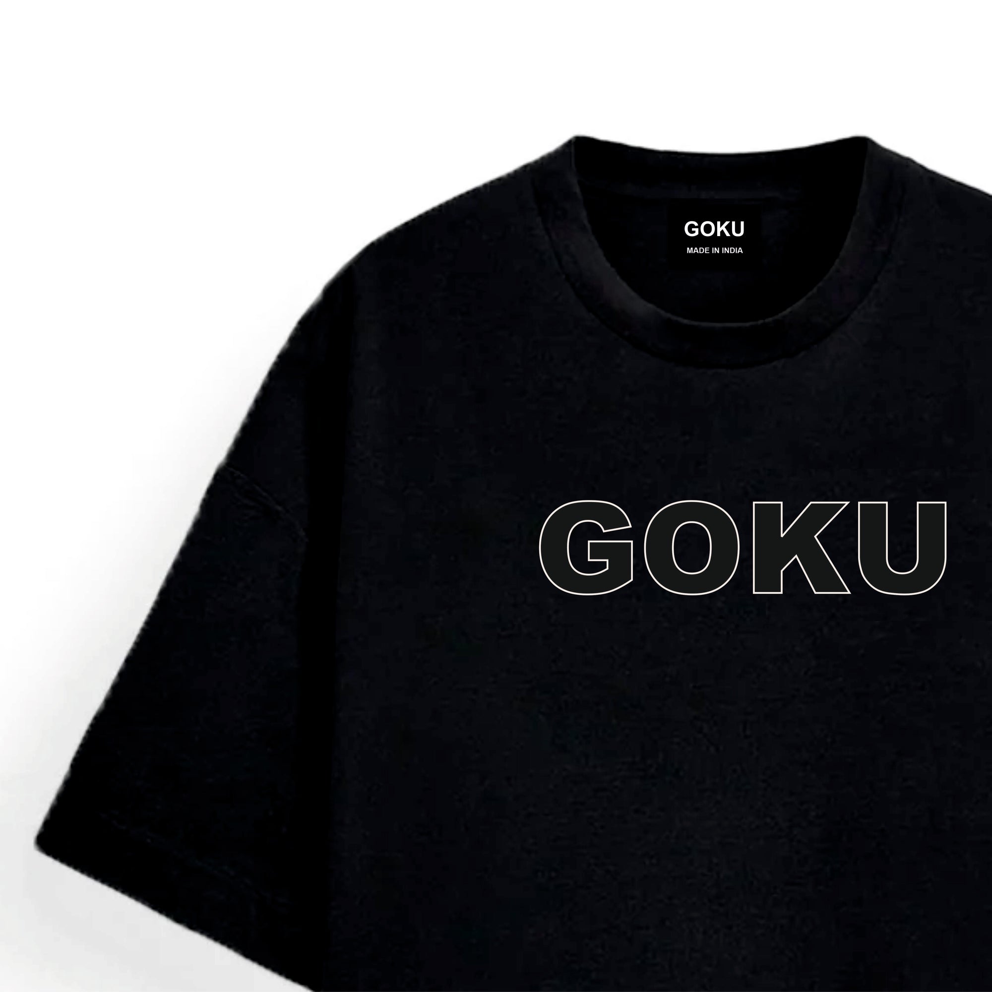 Black t-shirt with 'GOKU' printed on it against a white background