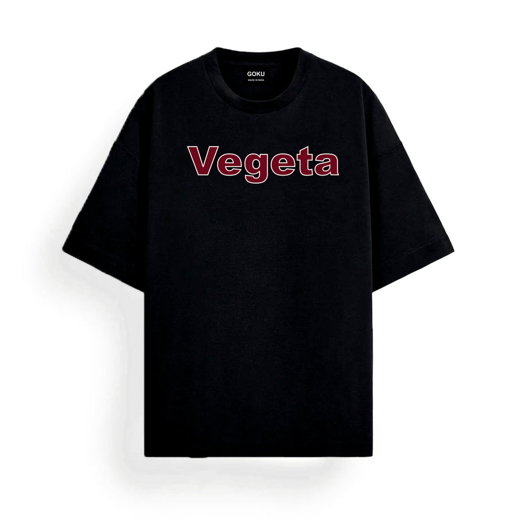 Black t-shirt with 'Vegeta' printed in red on a white background
