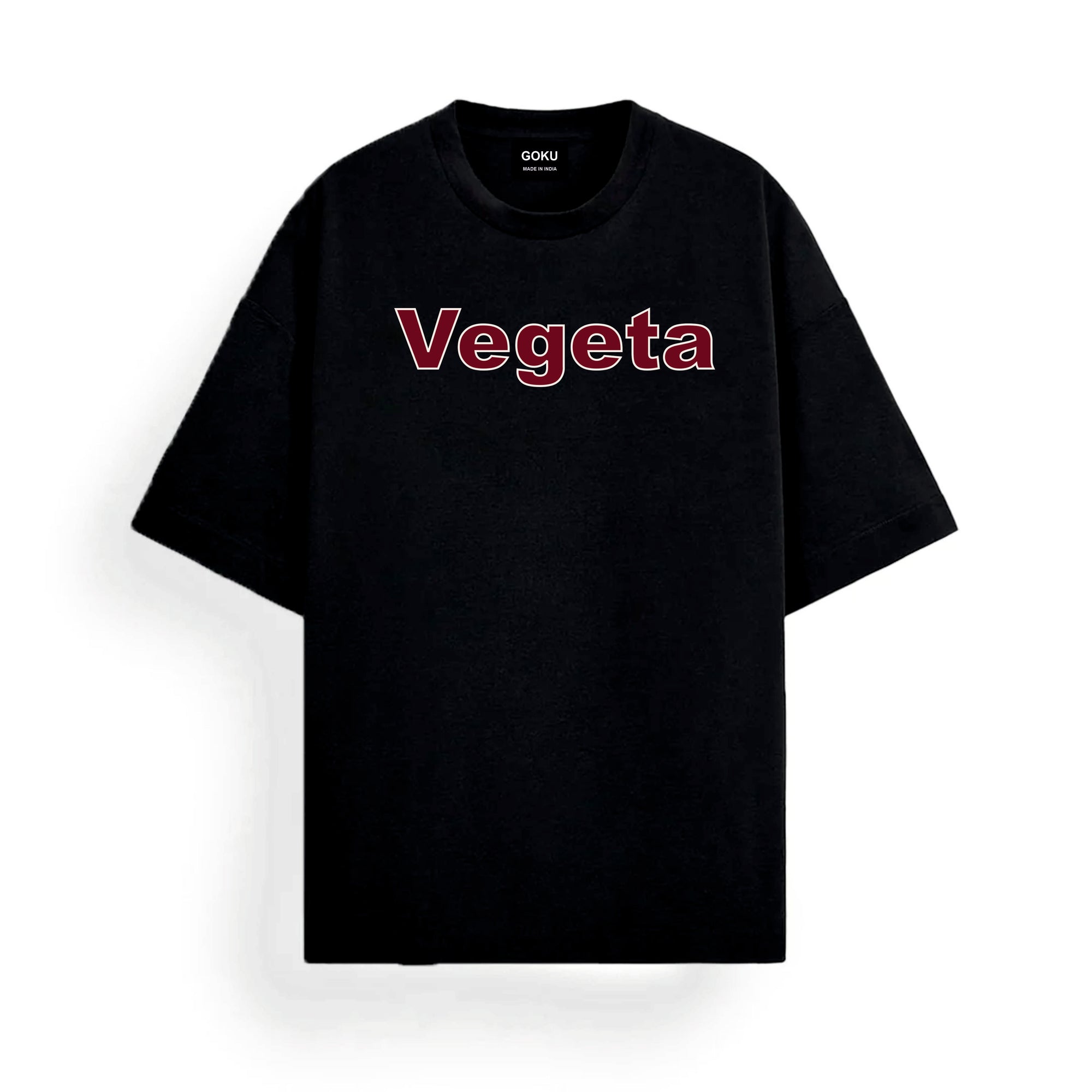 Black t-shirt with 'Vegeta' printed in red on a white background