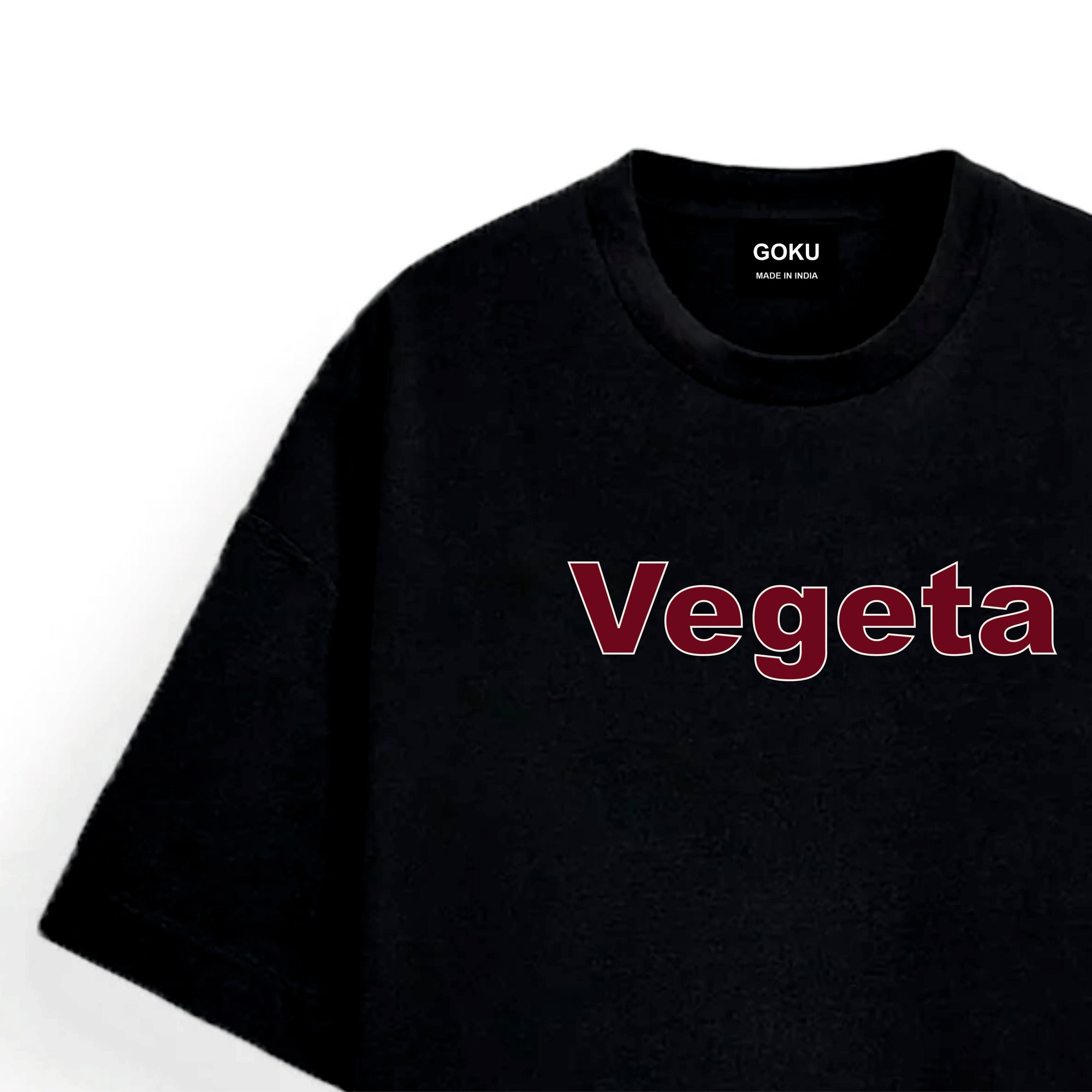 Black t-shirt with 'Vegeta' printed in red on a white background