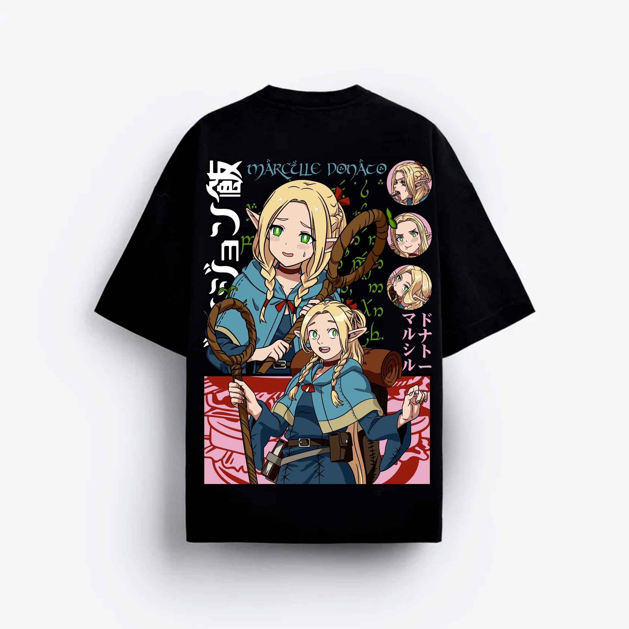 Black t-shirt with anime-style dungeon character and graphics on a white background