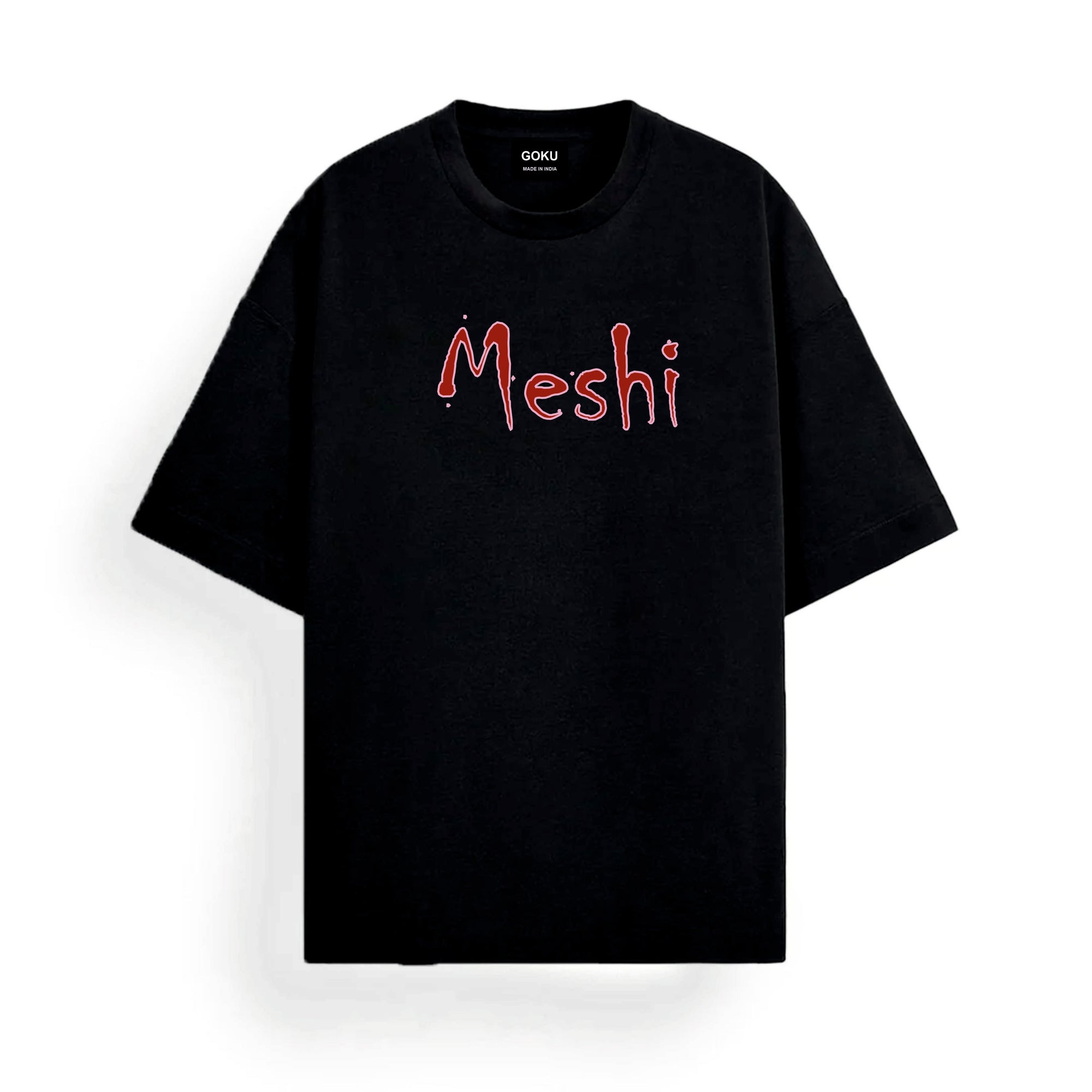 Black t-shirt with 'Meshi' printed in red on a white background