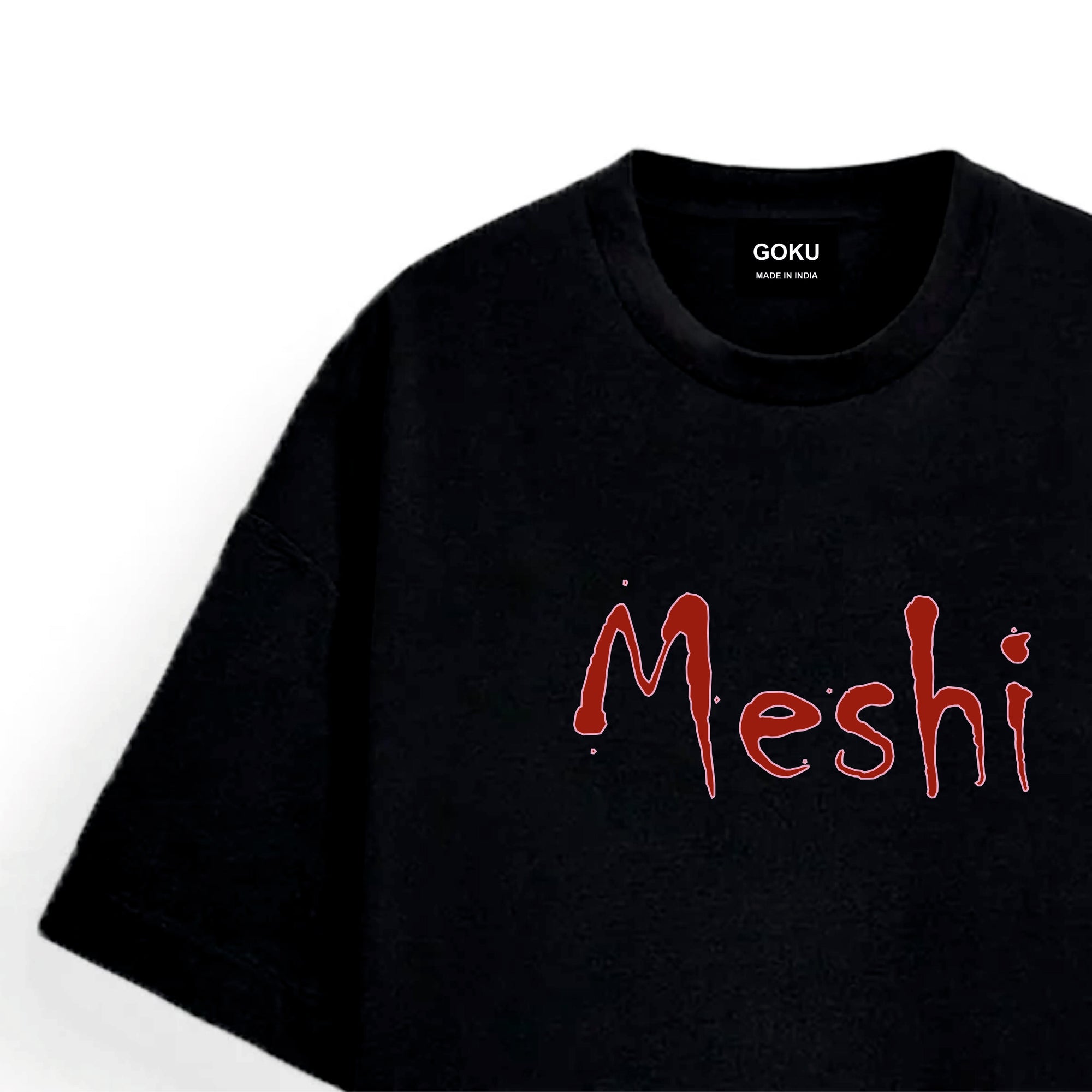 Black t-shirt with red 'Meshi' text on a white background