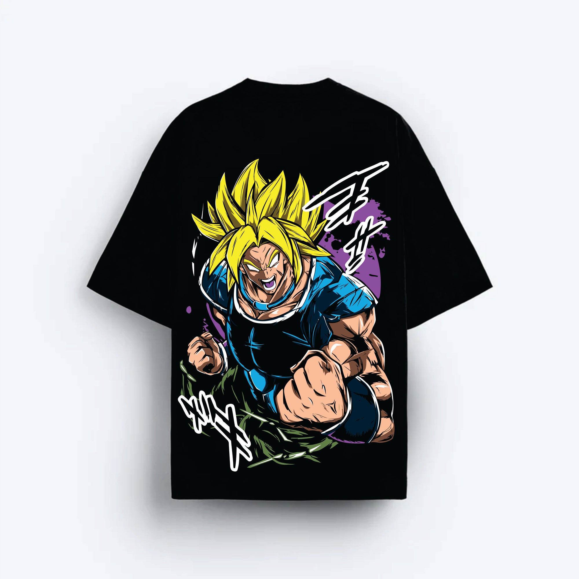 Black t-shirt with a colorful graphic of a goku super saiyon  character on a white background