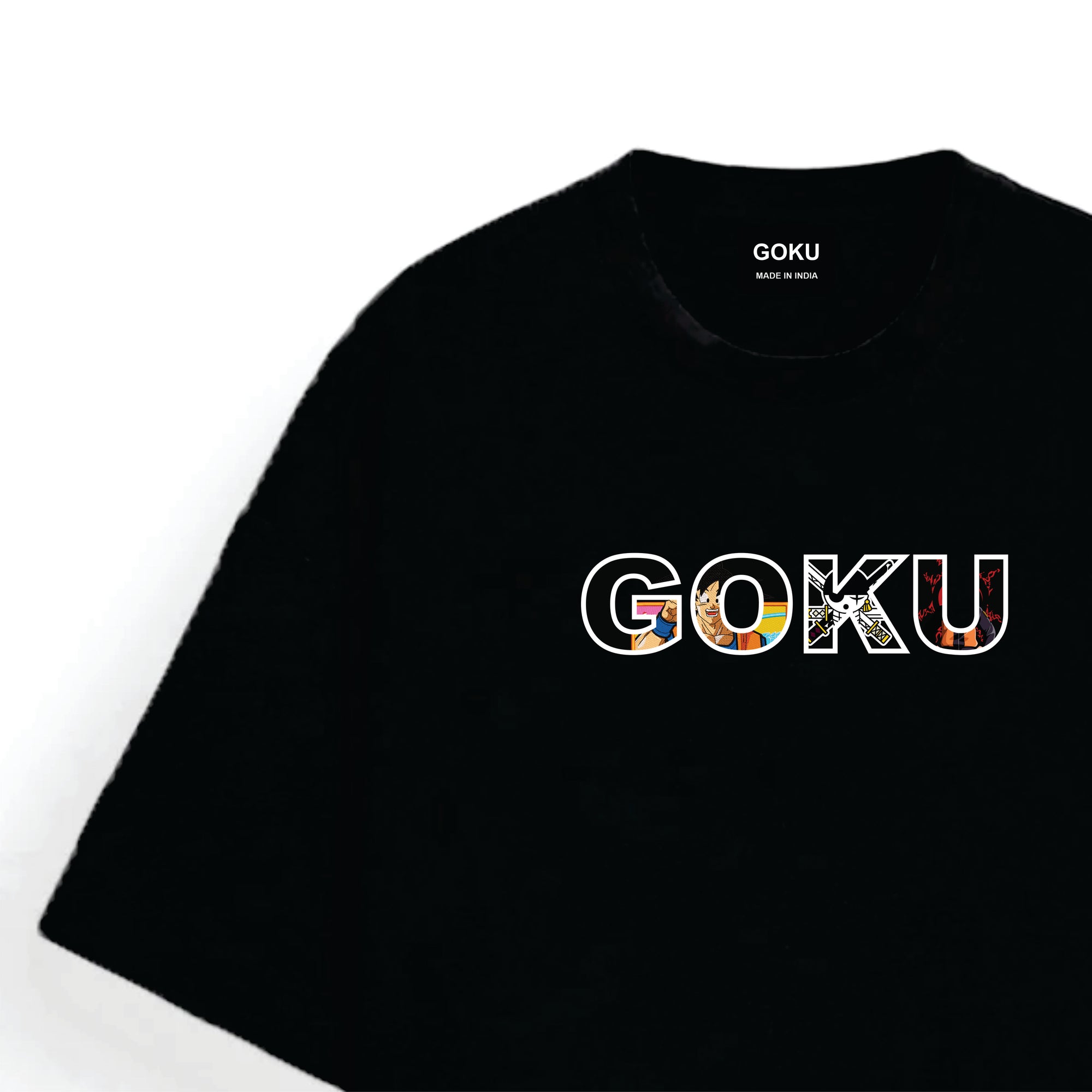 Black t-shirt with 'GOKU' printed on it against a white background