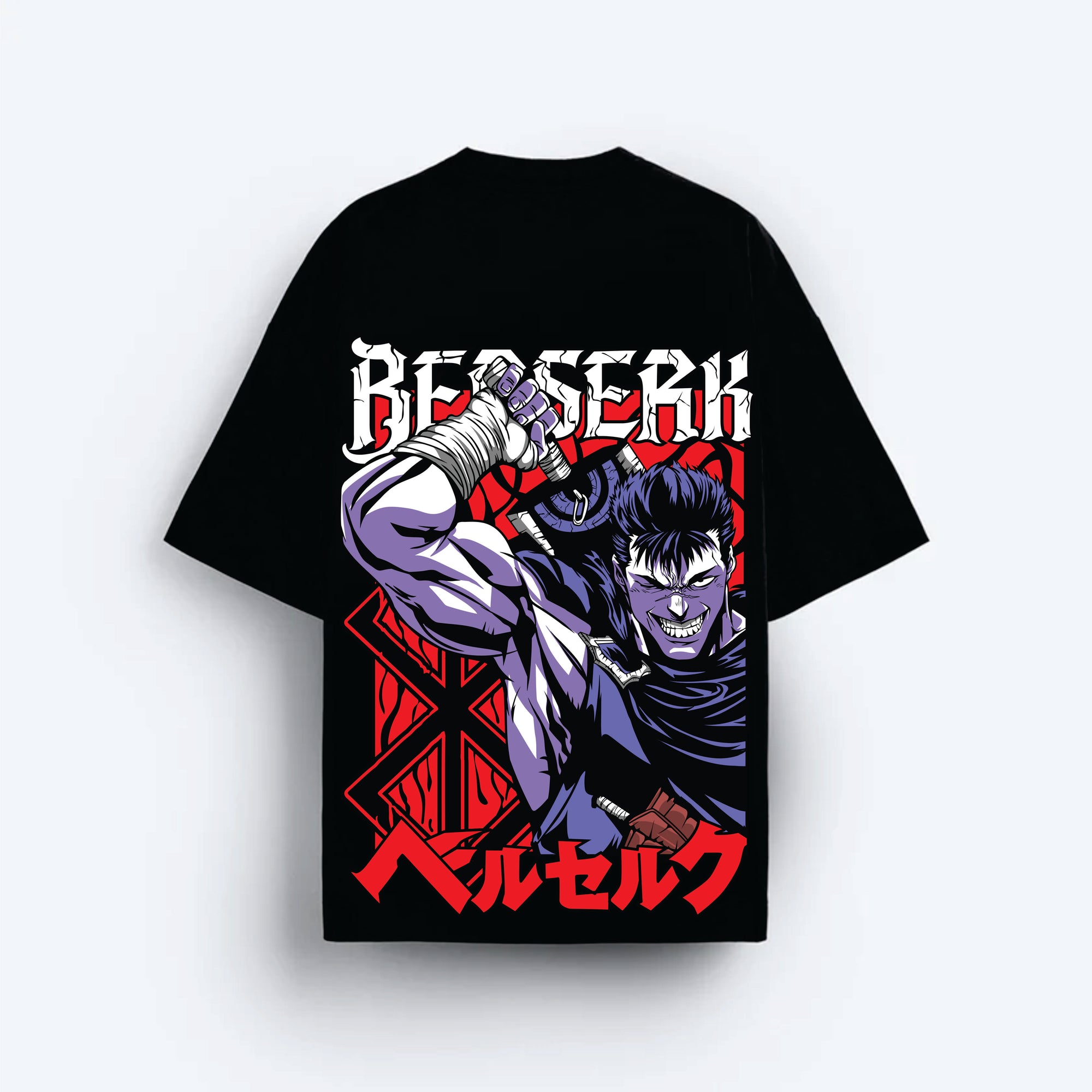Black t-shirt with 'Berserk' graphic design featuring a character holding a sword on a white background.