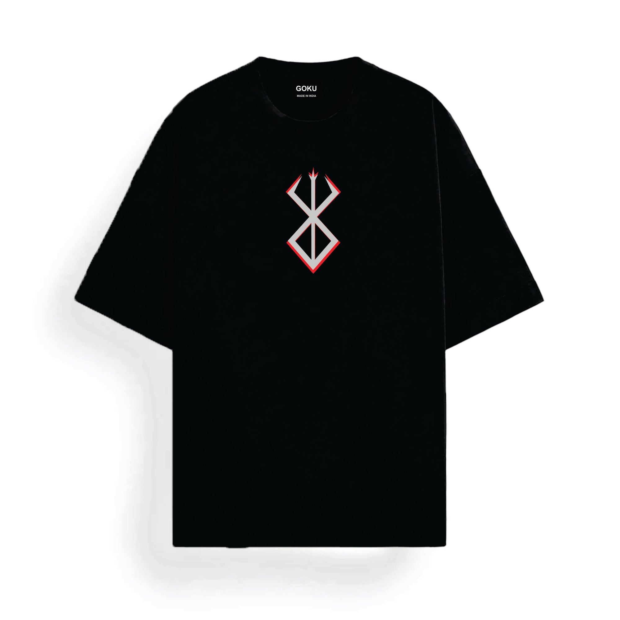 Black t-shirt with a red and white symbol on a white background