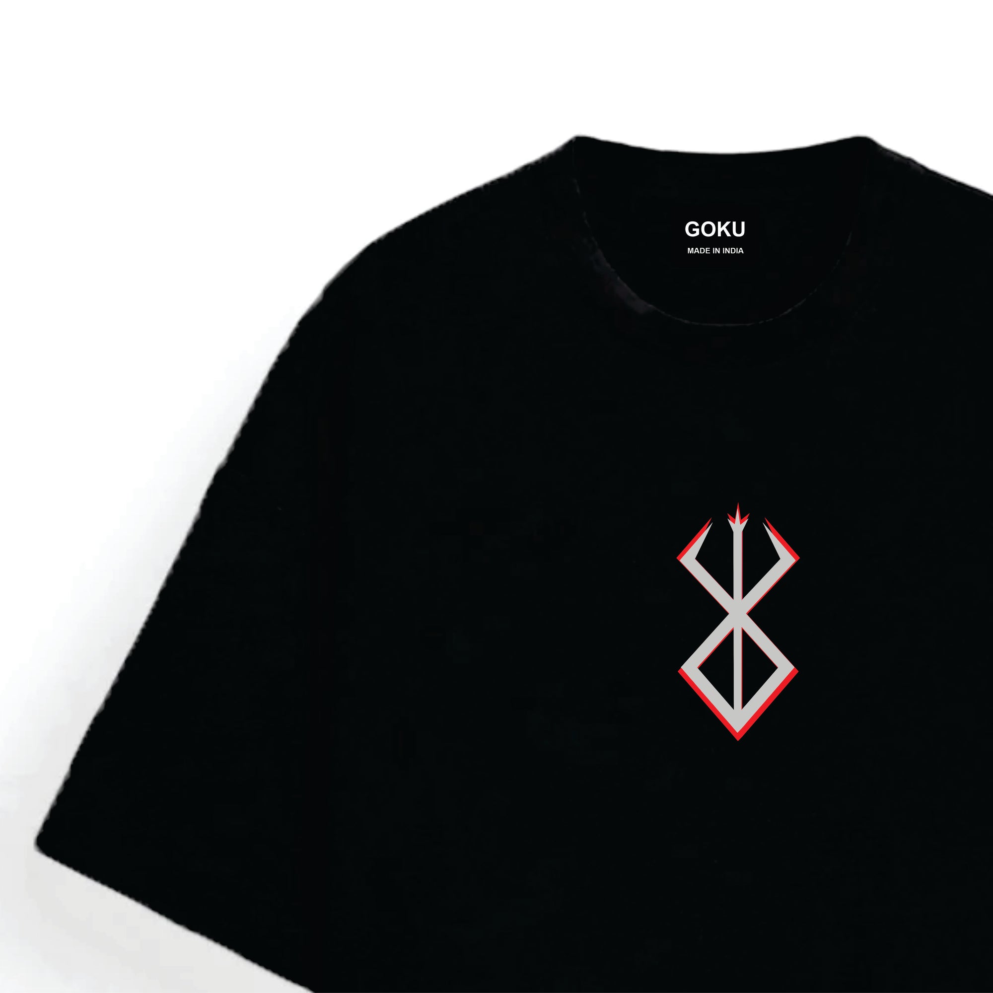 Black t-shirt with a red and white symbol on a white background