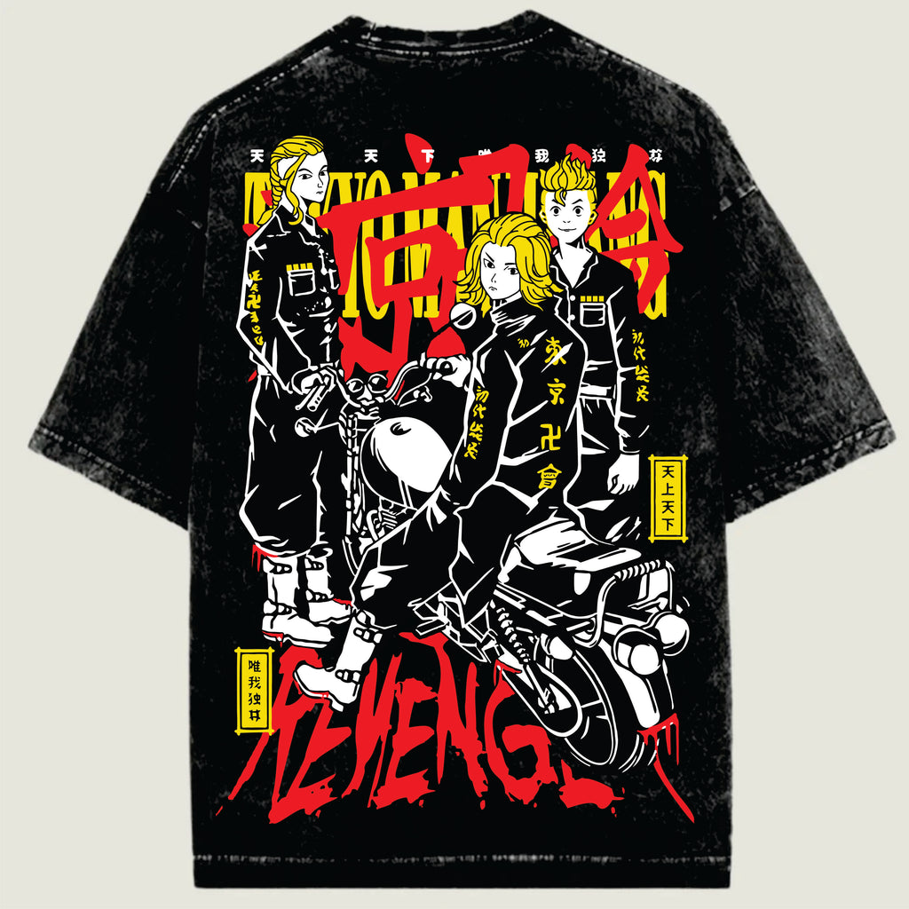 Black t-shirt with graphic design of two characters on a motorcycle and red text on a beige background