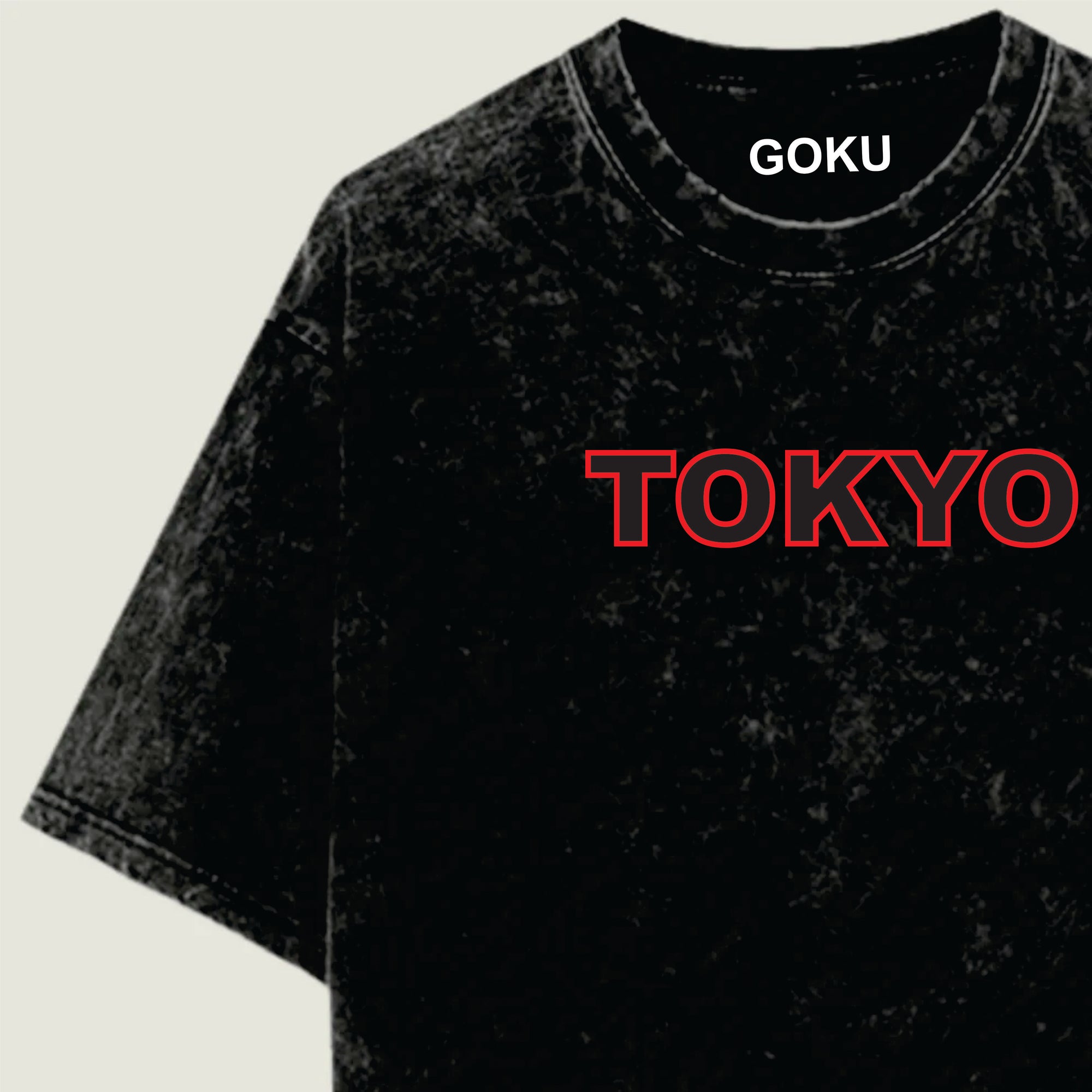 Black t-shirt with 'GOKU' and 'TOKYO' text on a beige background