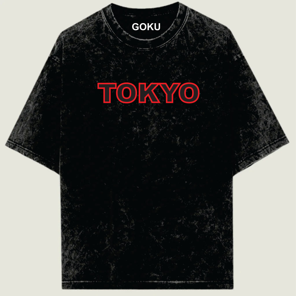 Black t-shirt with 'TOKYO' printed in red on a beige background