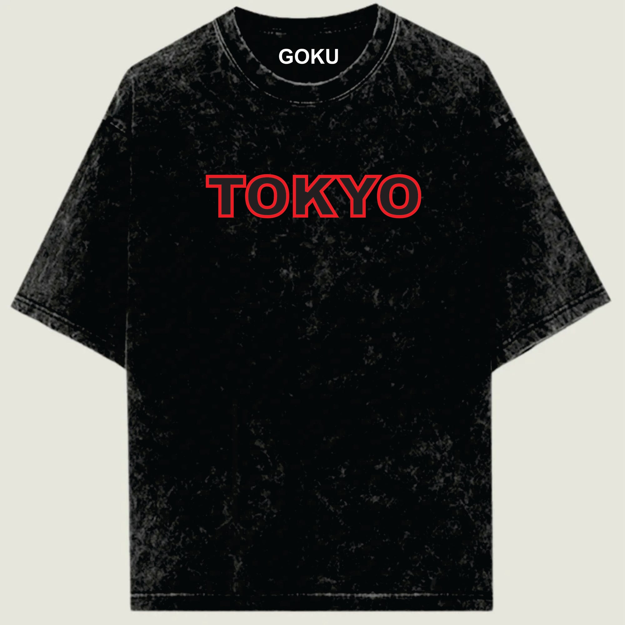 Black t-shirt with 'TOKYO' printed in red on a beige background