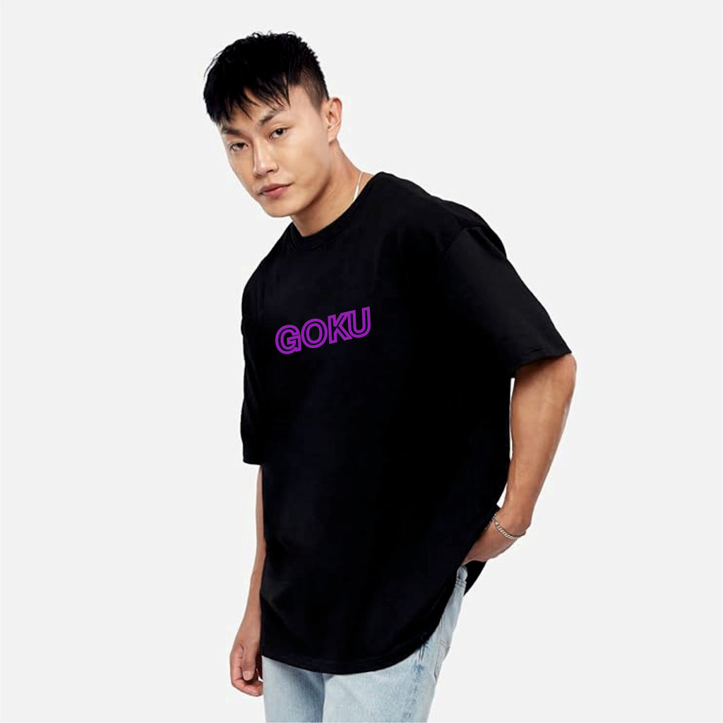 Person wearing a black t-shirt with 'GOKU' in purple on a light gray background