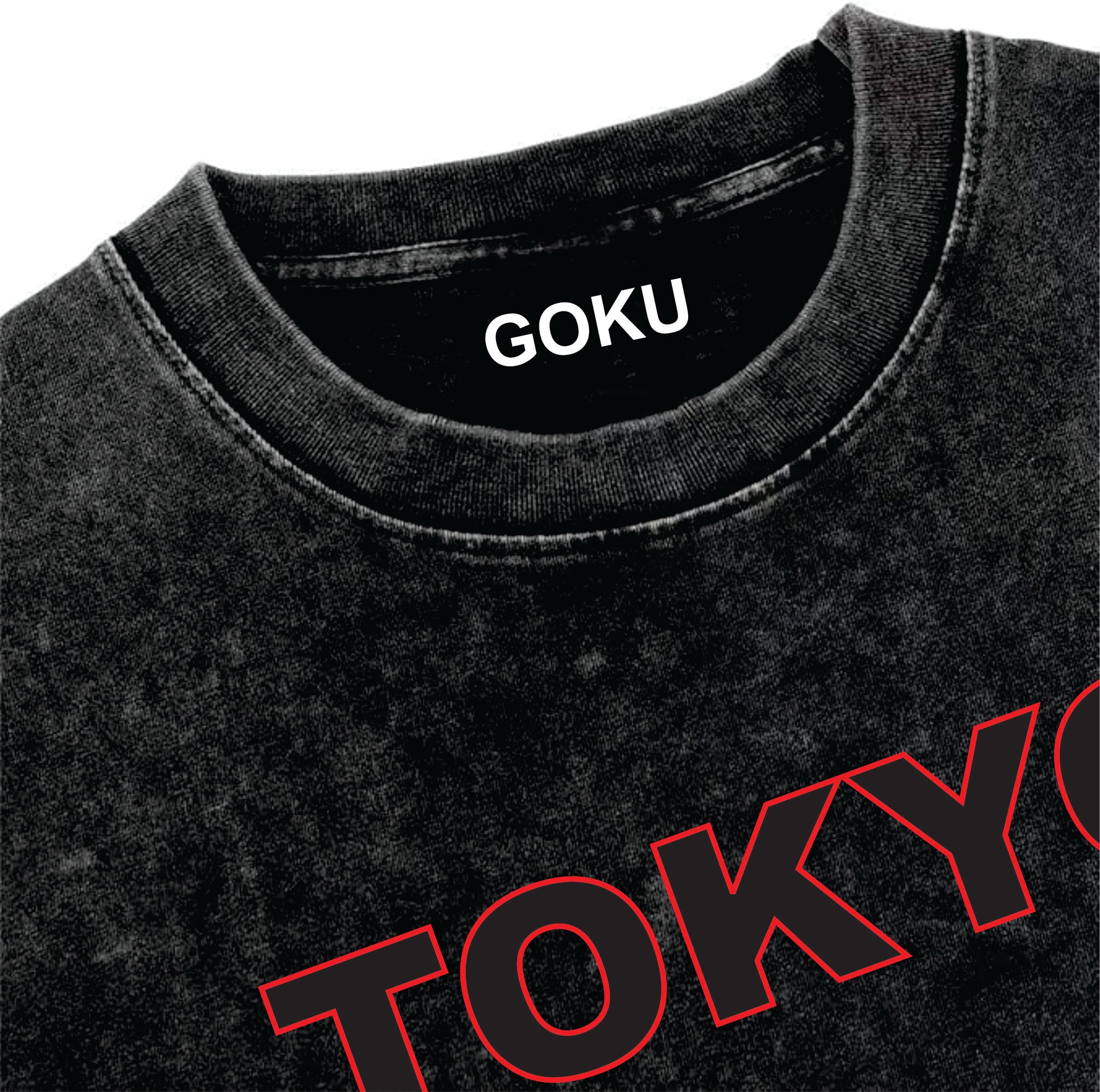 Black t-shirt with 'GOKU' on the neckline and 'TOKYO' in red.