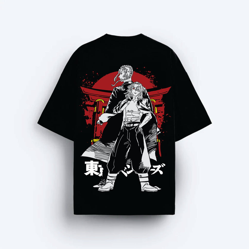 Black t-shirt with a graphic design of two characters and a red background on a white background