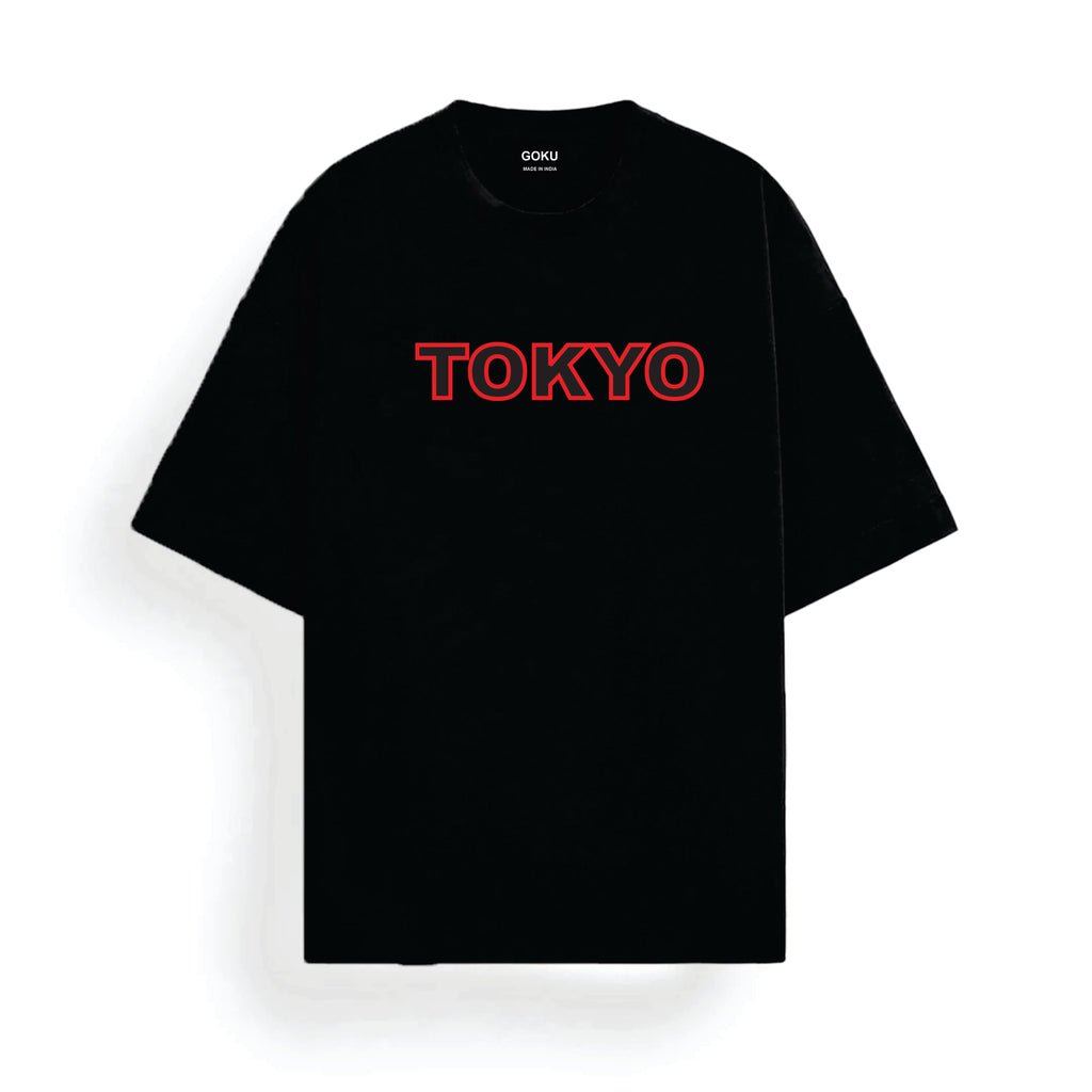 Black t-shirt with 'TOKYO' printed in red on a white background