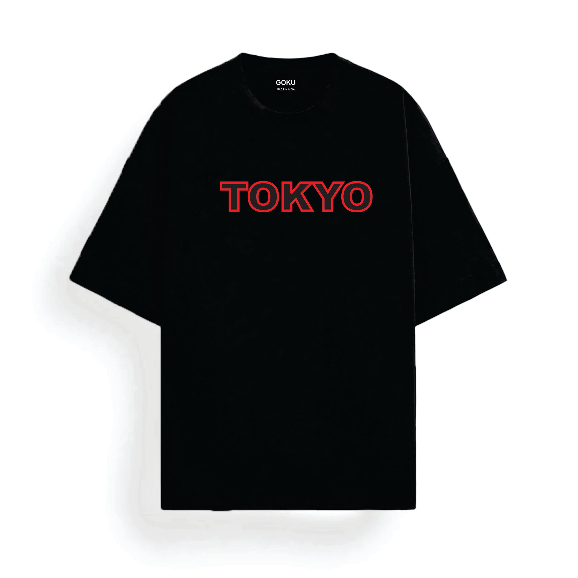 Black t-shirt with 'TOKYO' printed in red on a white background