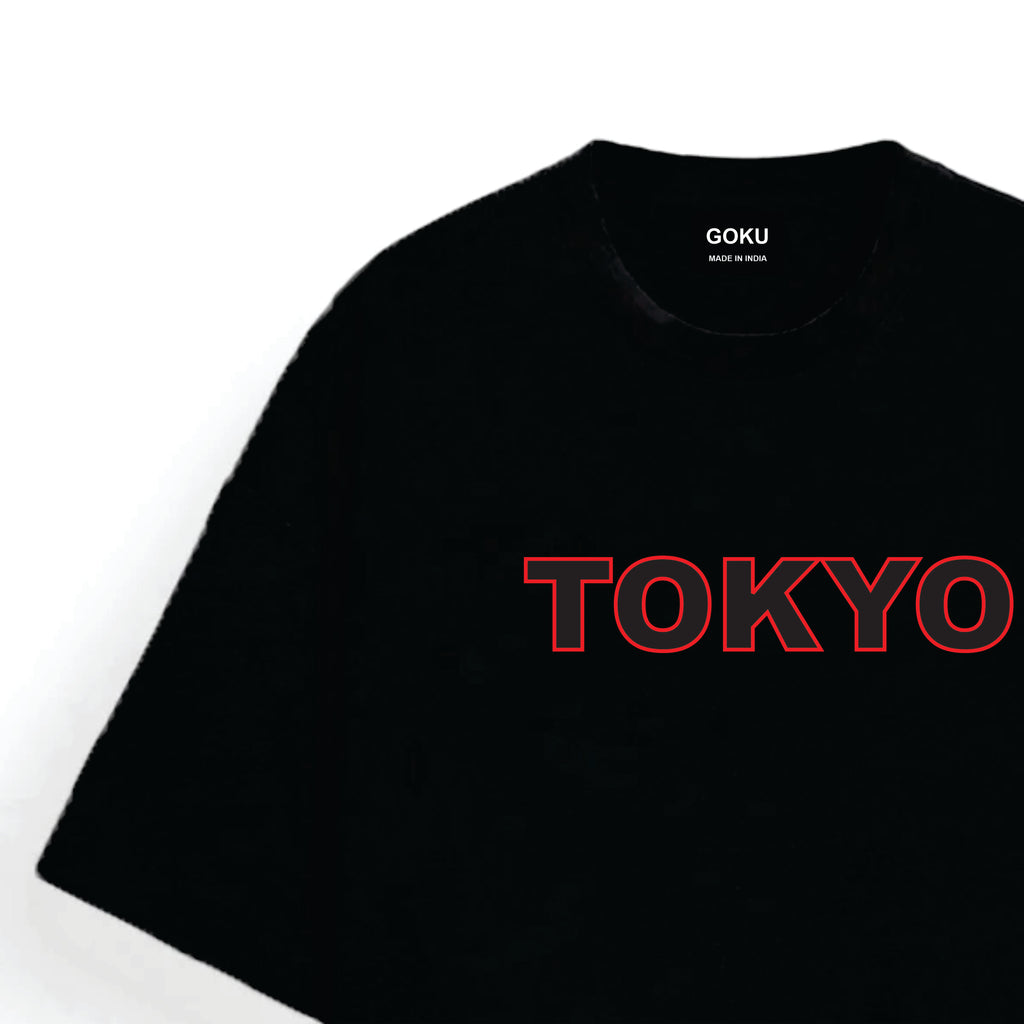 Black t-shirt with 'TOKYO' printed in red on a white background