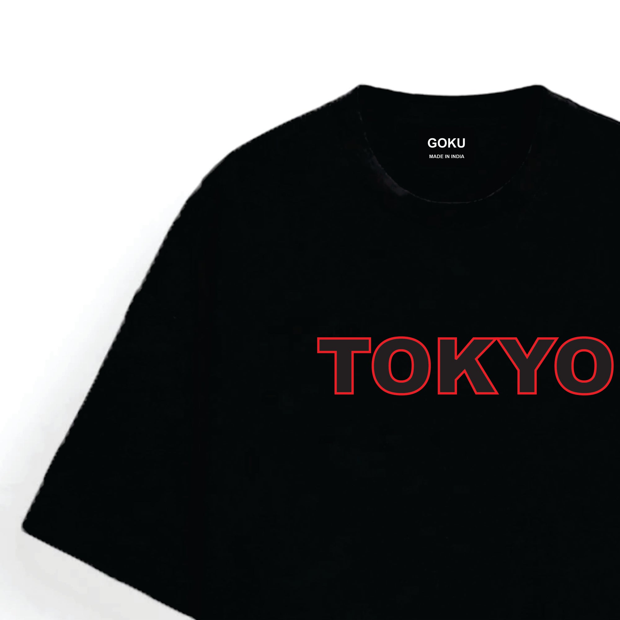 Black t-shirt with 'TOKYO' printed in red on a white background