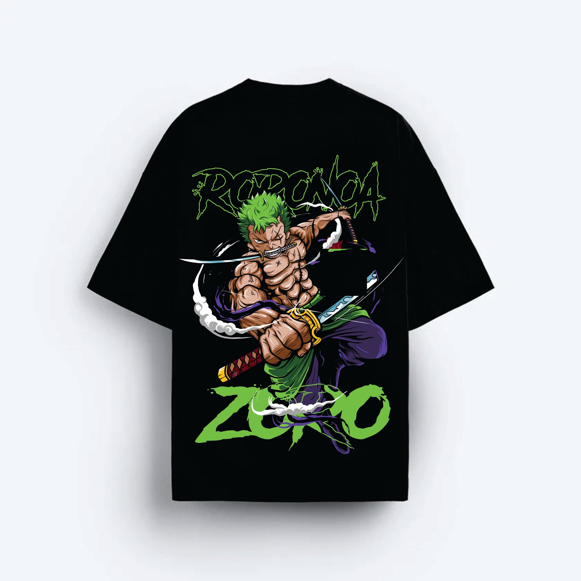 Black t-shirt with a graphic design of a character holding a sword on a white background