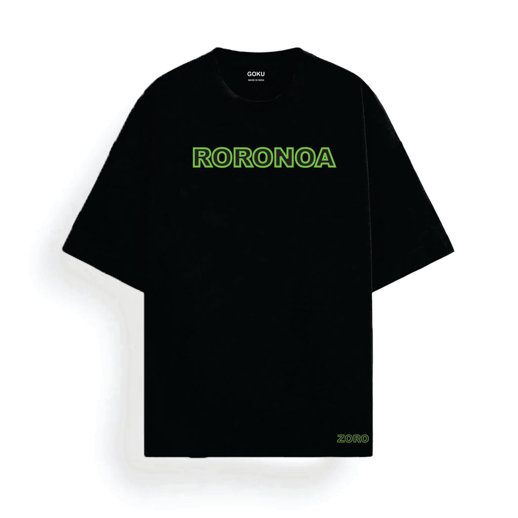 Black t-shirt with 'RORONOA' in green text on a white background