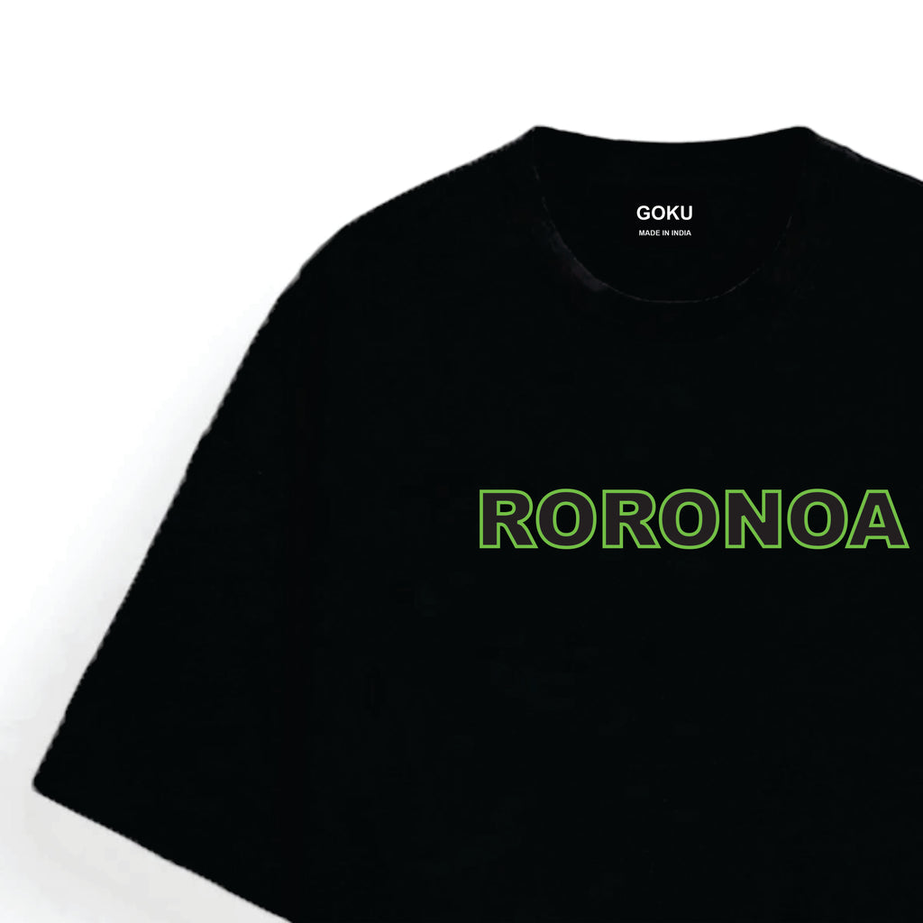 Black t-shirt with 'RORONOA' in green on a white background
