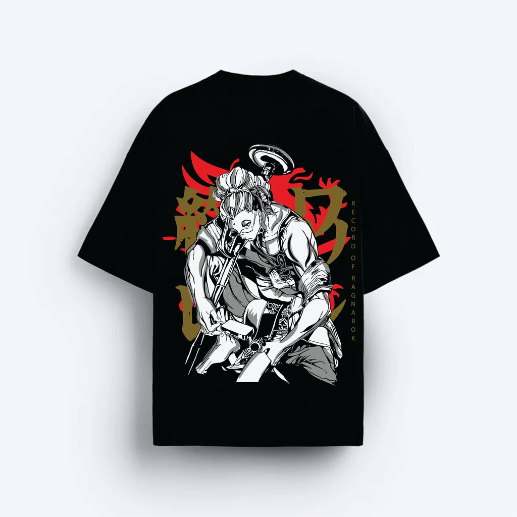 Black t-shirt with a graphic design of a person playing a guitar on a white background