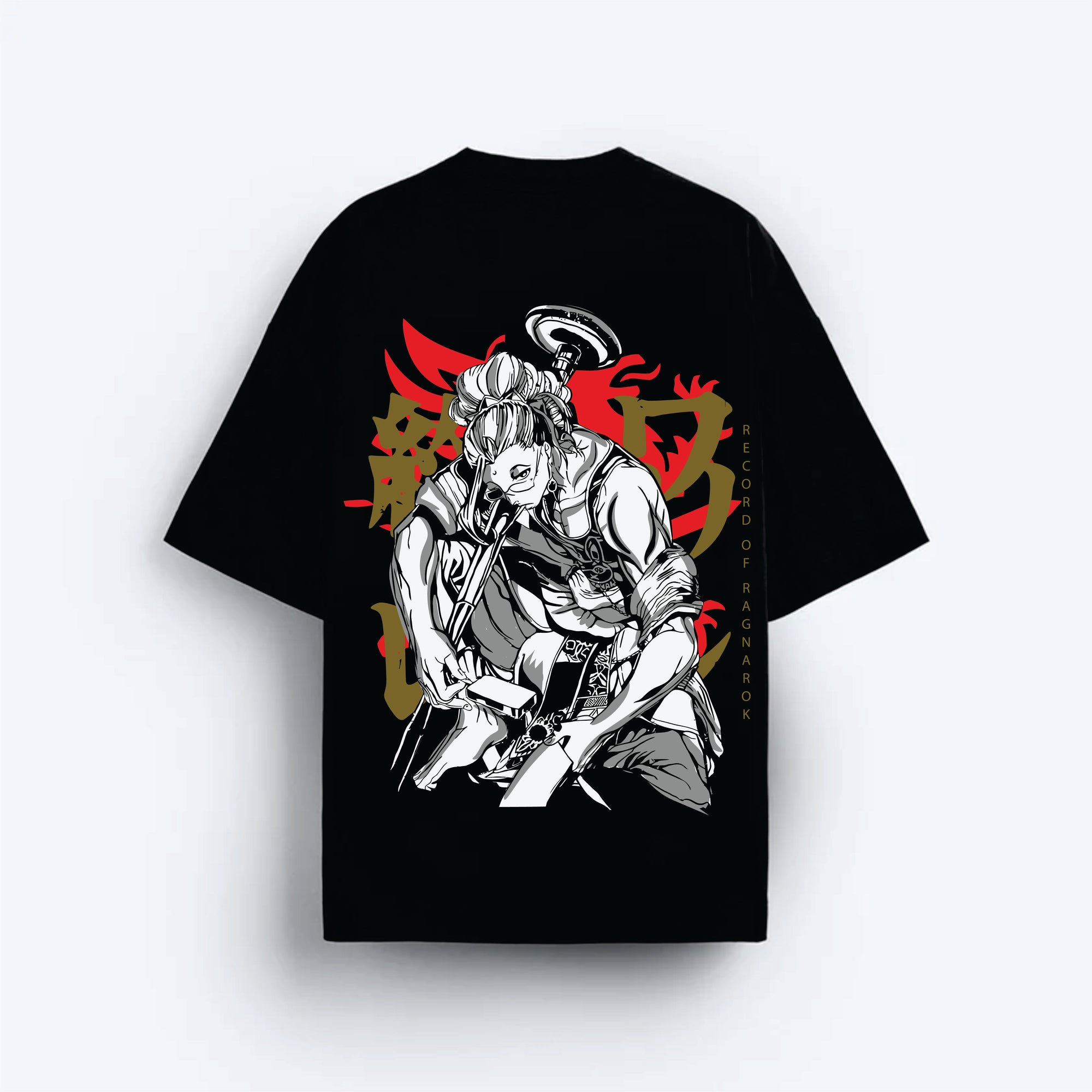 Black t-shirt with a graphic design of a person playing a guitar on a white background