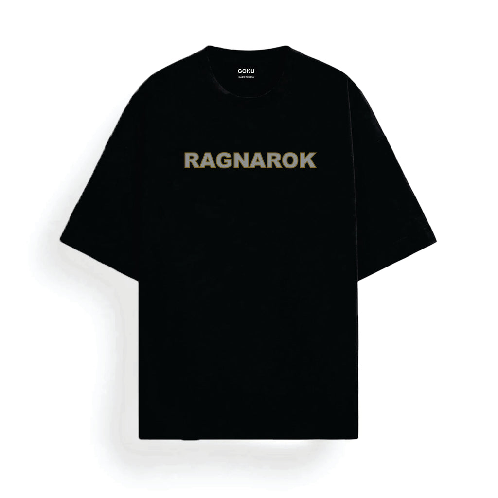 Black t-shirt with 'RAGNAROK' printed on it against a white background