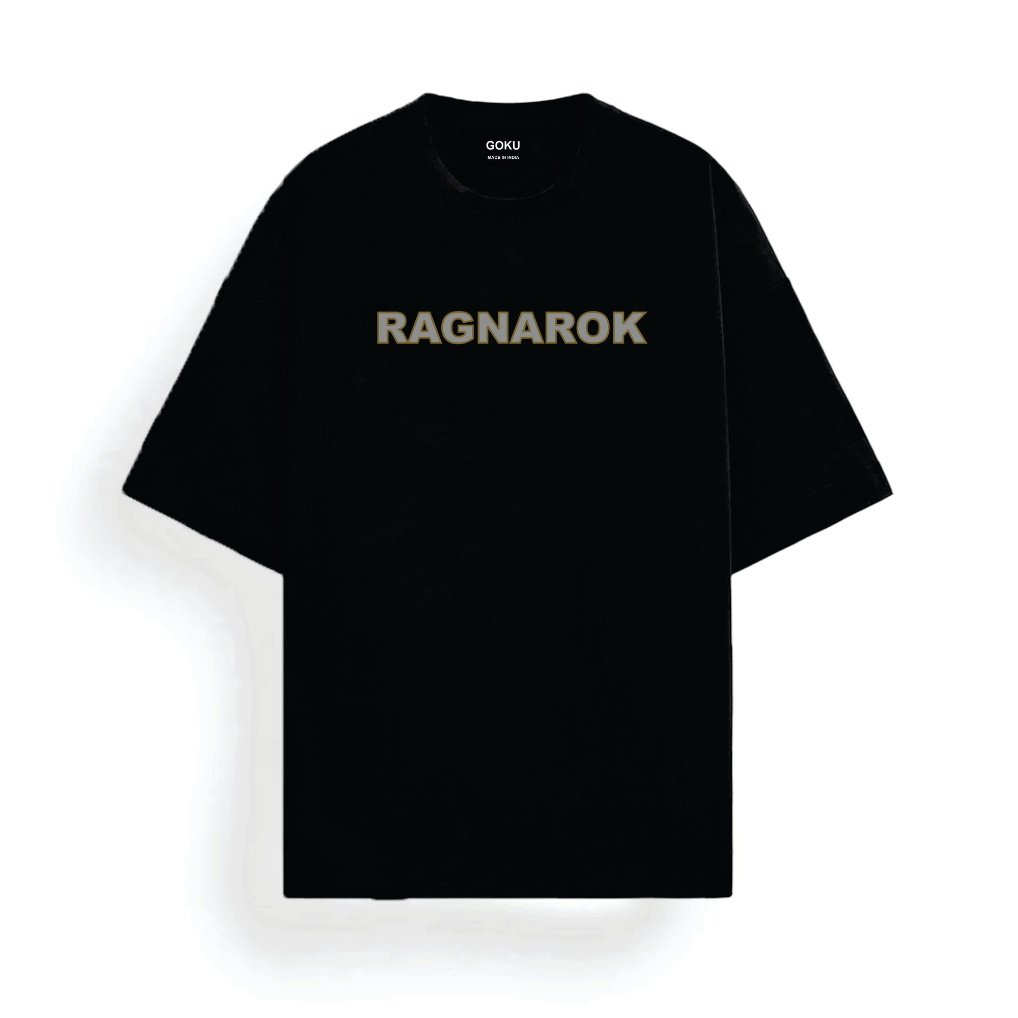Black t-shirt with 'RAGNAROK' printed on it against a white background