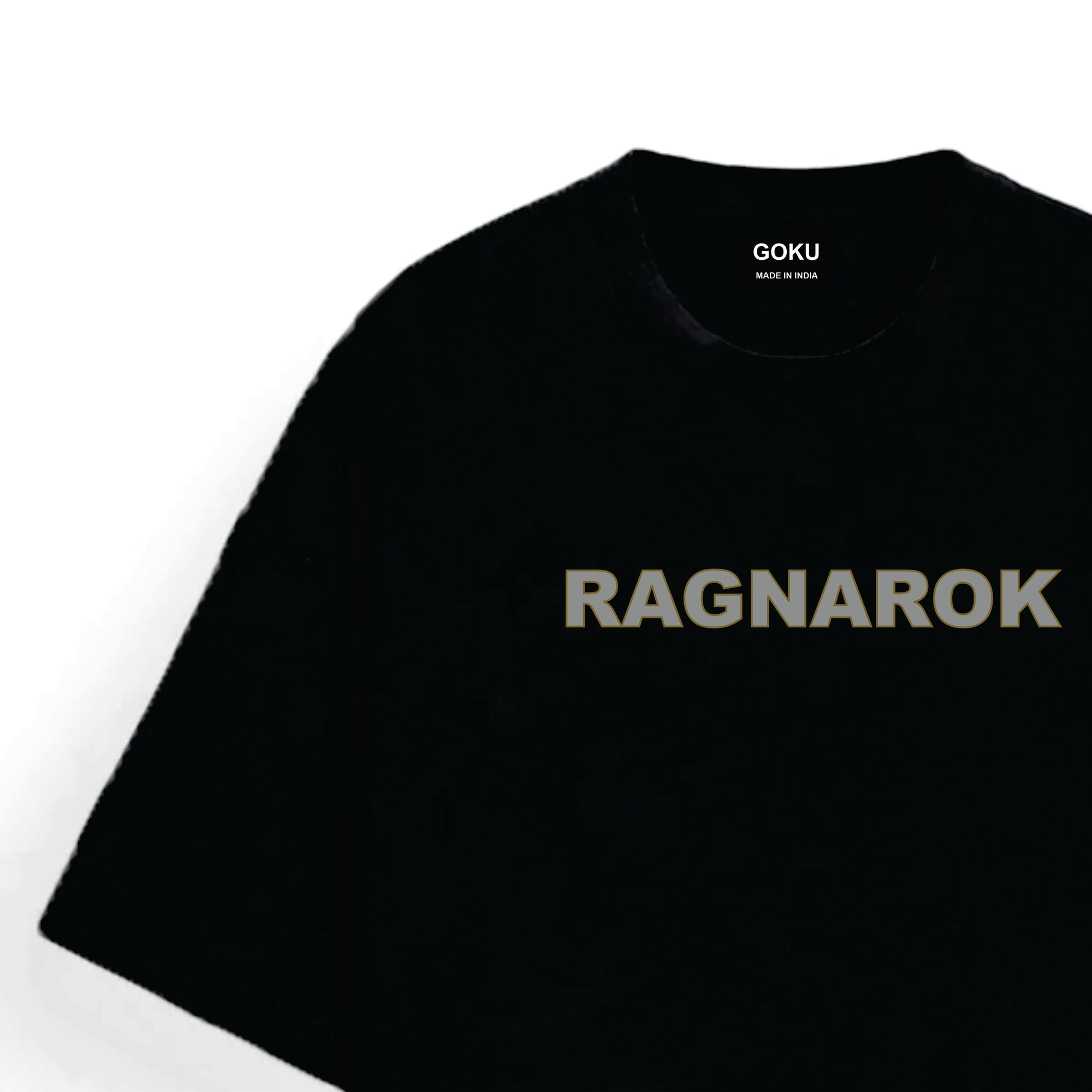 Black t-shirt with 'RAGNAROK' printed on it against a white background