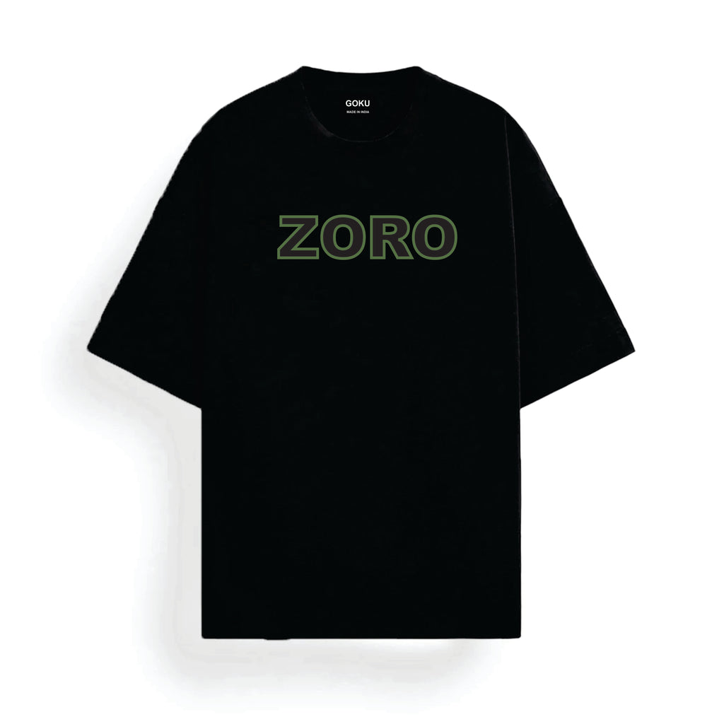 Black t-shirt with 'ZORO' printed in green on a white background