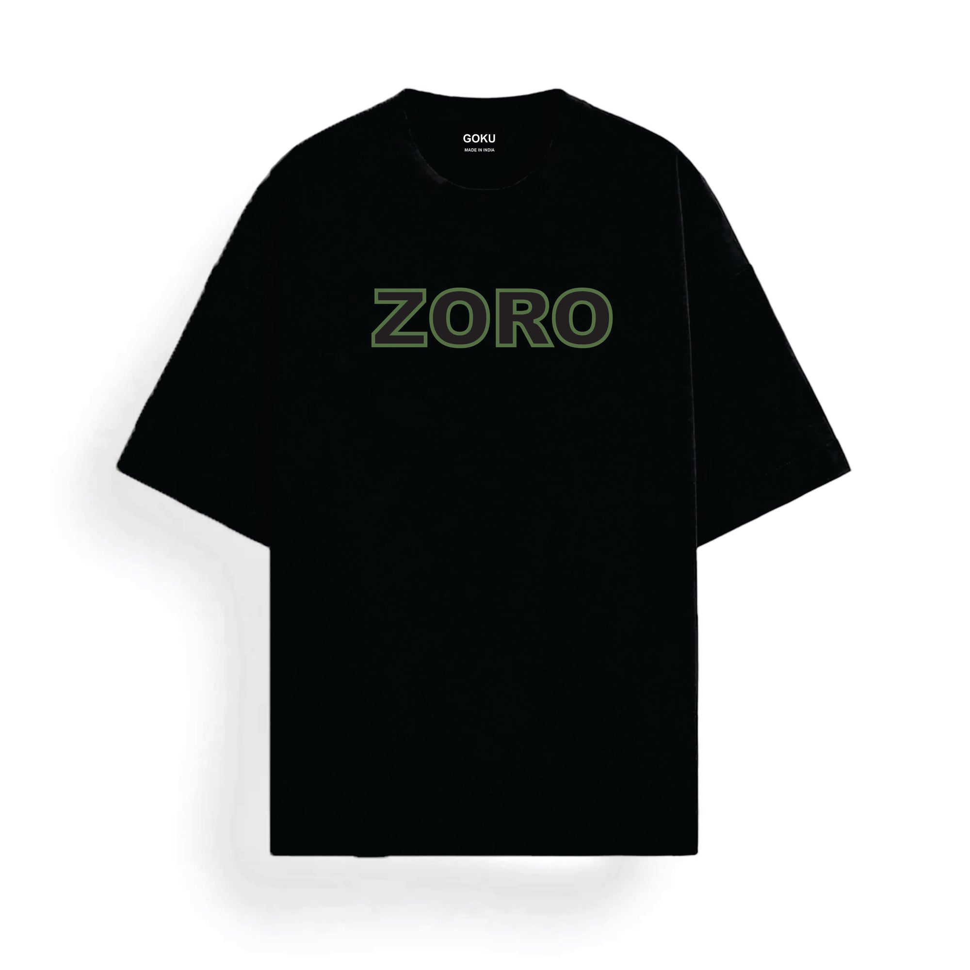 Black t-shirt with 'ZORO' printed in green on a white background