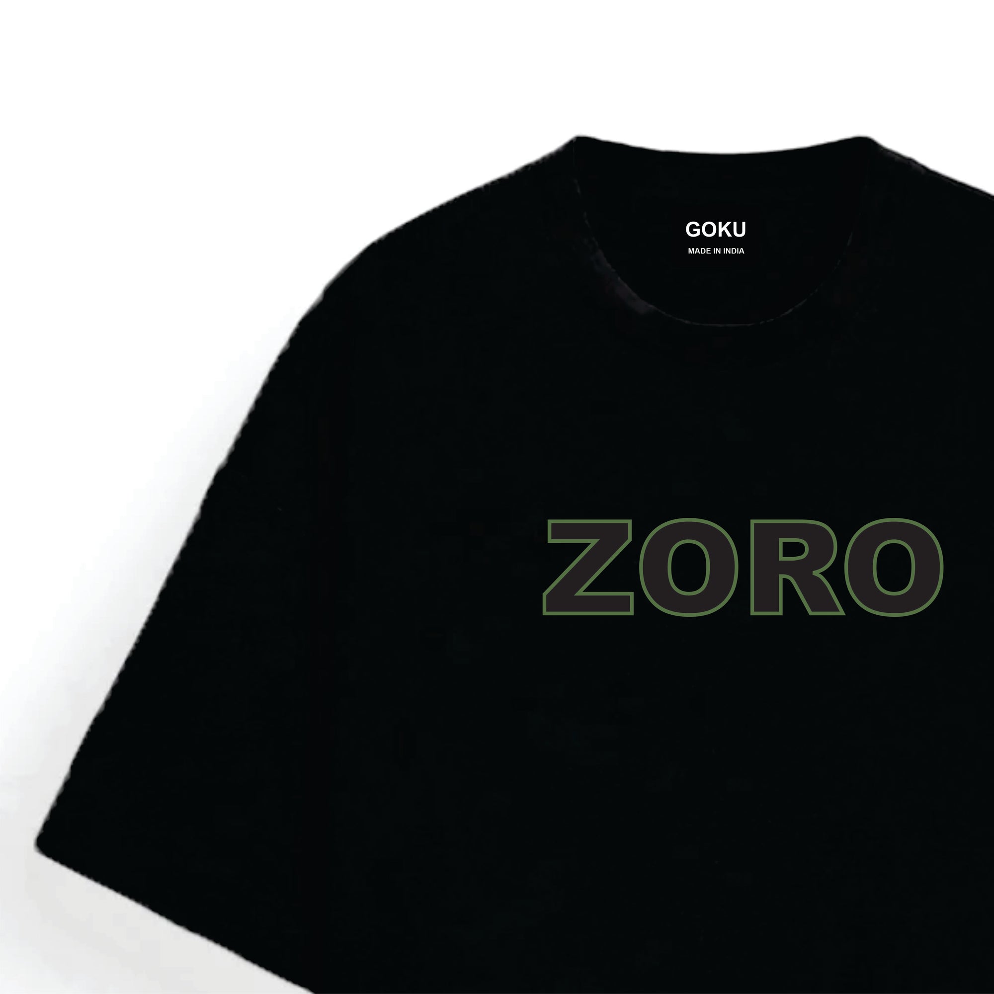 Black t-shirt with 'ZORO' printed in green on a white background