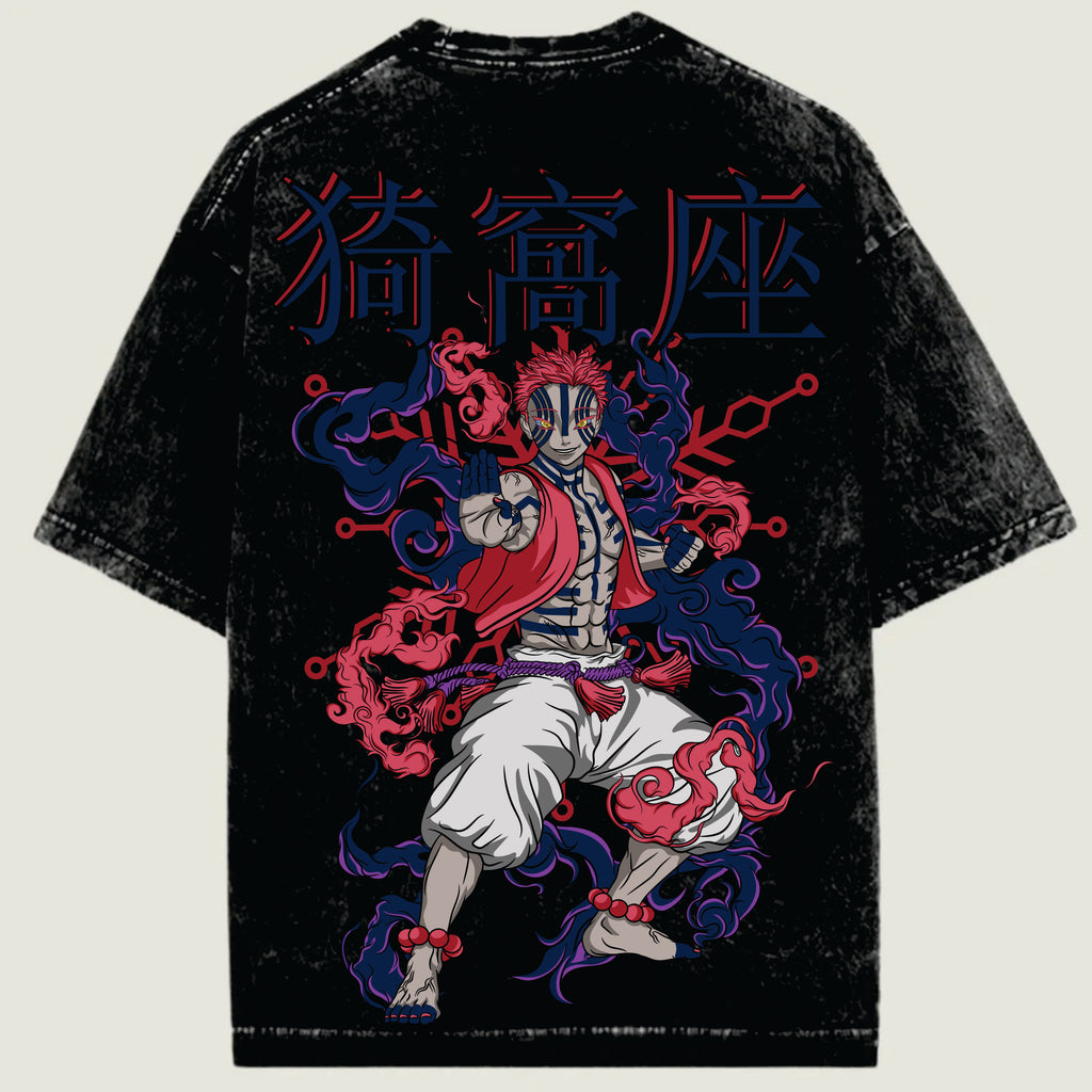 Black t-shirt with colorful graphic design of a character and Japanese text on a beige background