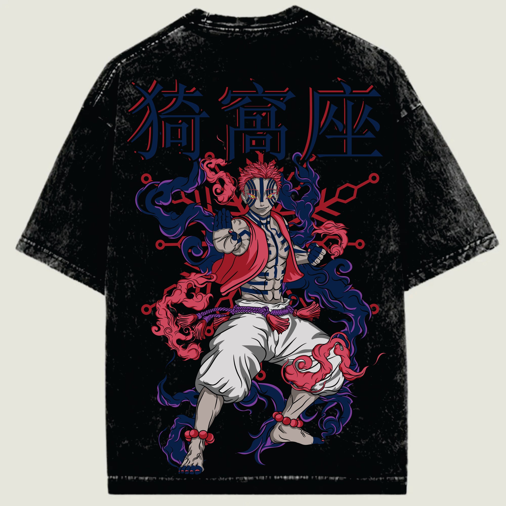 Black t-shirt with colorful graphic design of a character and Japanese text on a beige background