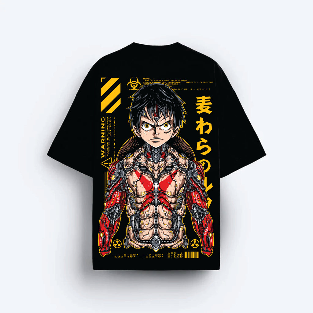 Black t-shirt with a graphic design of a character with tattoos and text on a white background