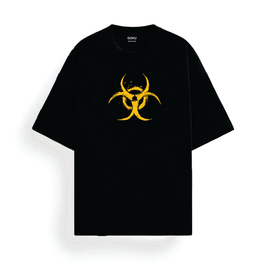 Black t-shirt with yellow biohazard symbol on a white background
