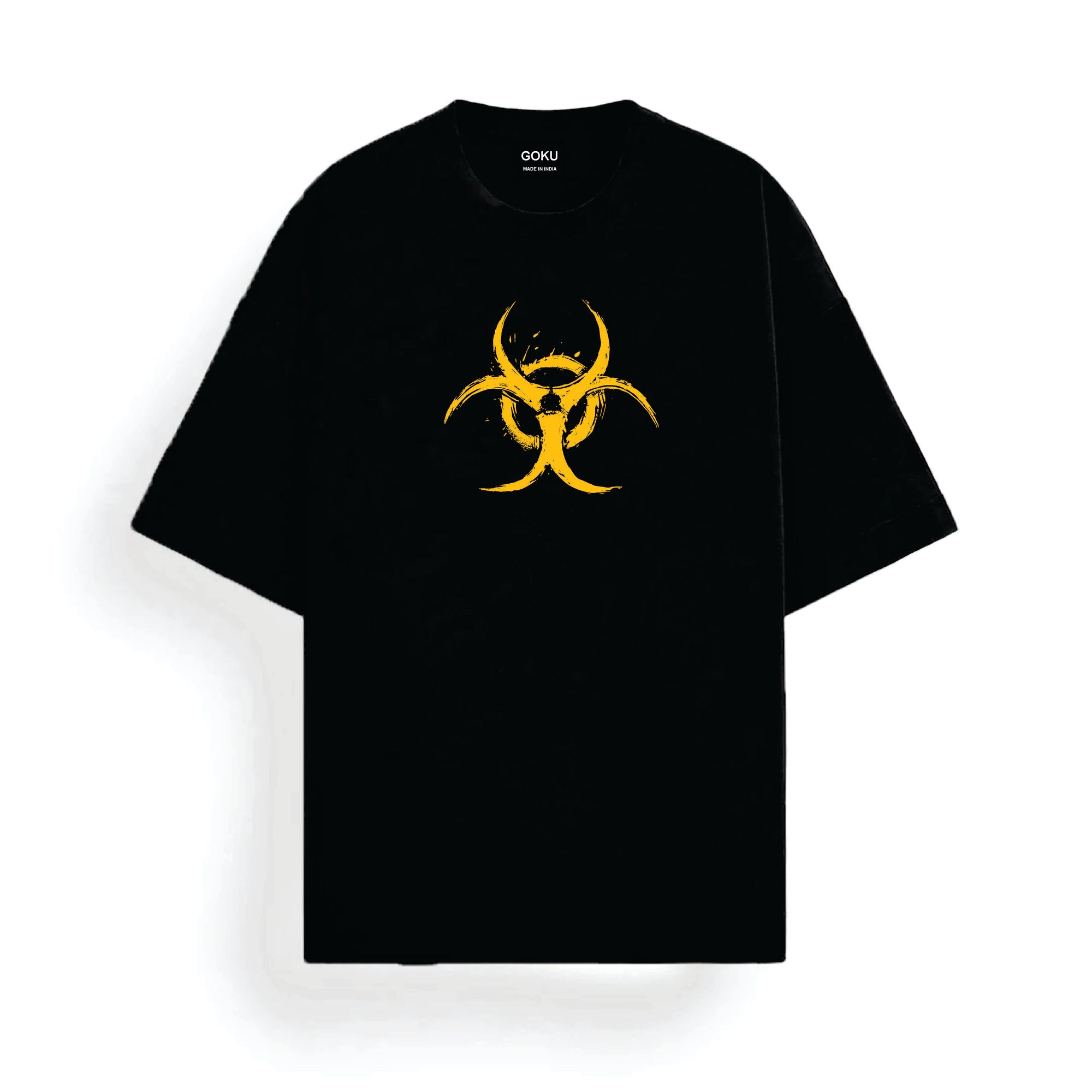 Black t-shirt with yellow biohazard symbol on a white background