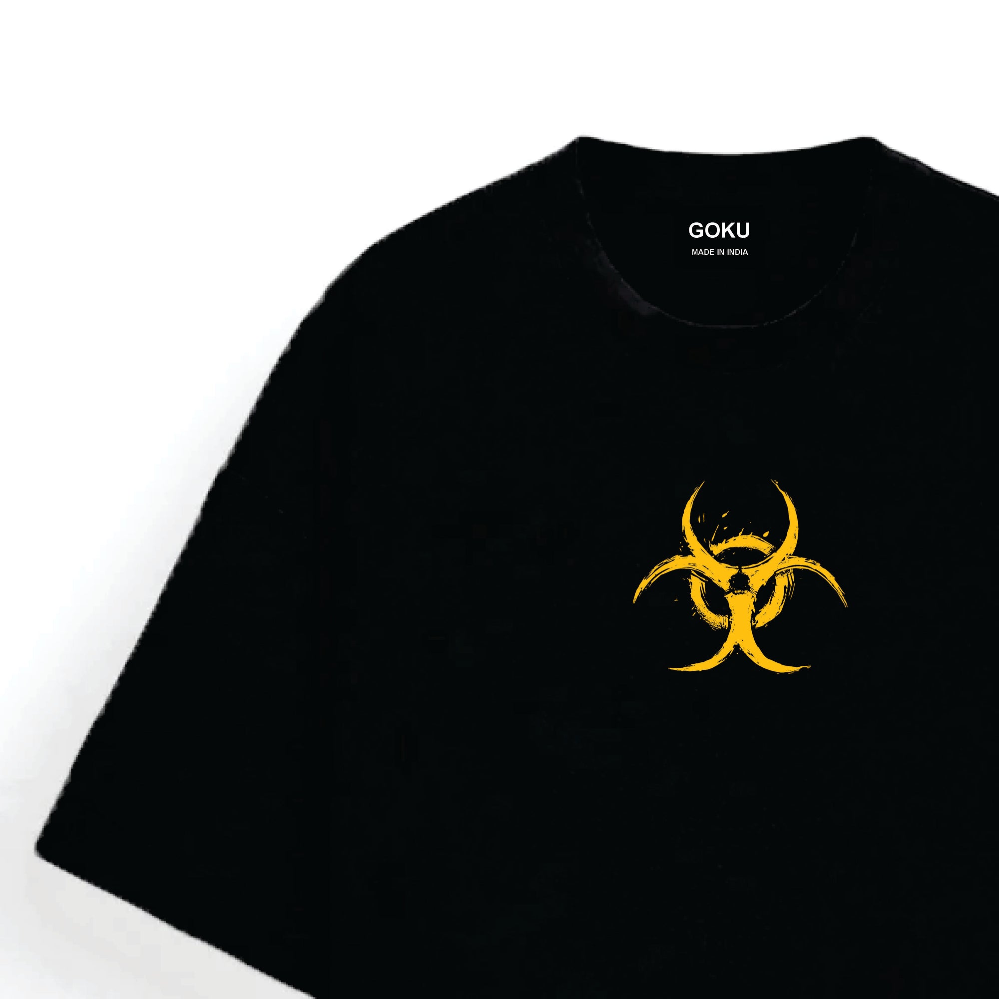 Black t-shirt with yellow biohazard symbol on a white background