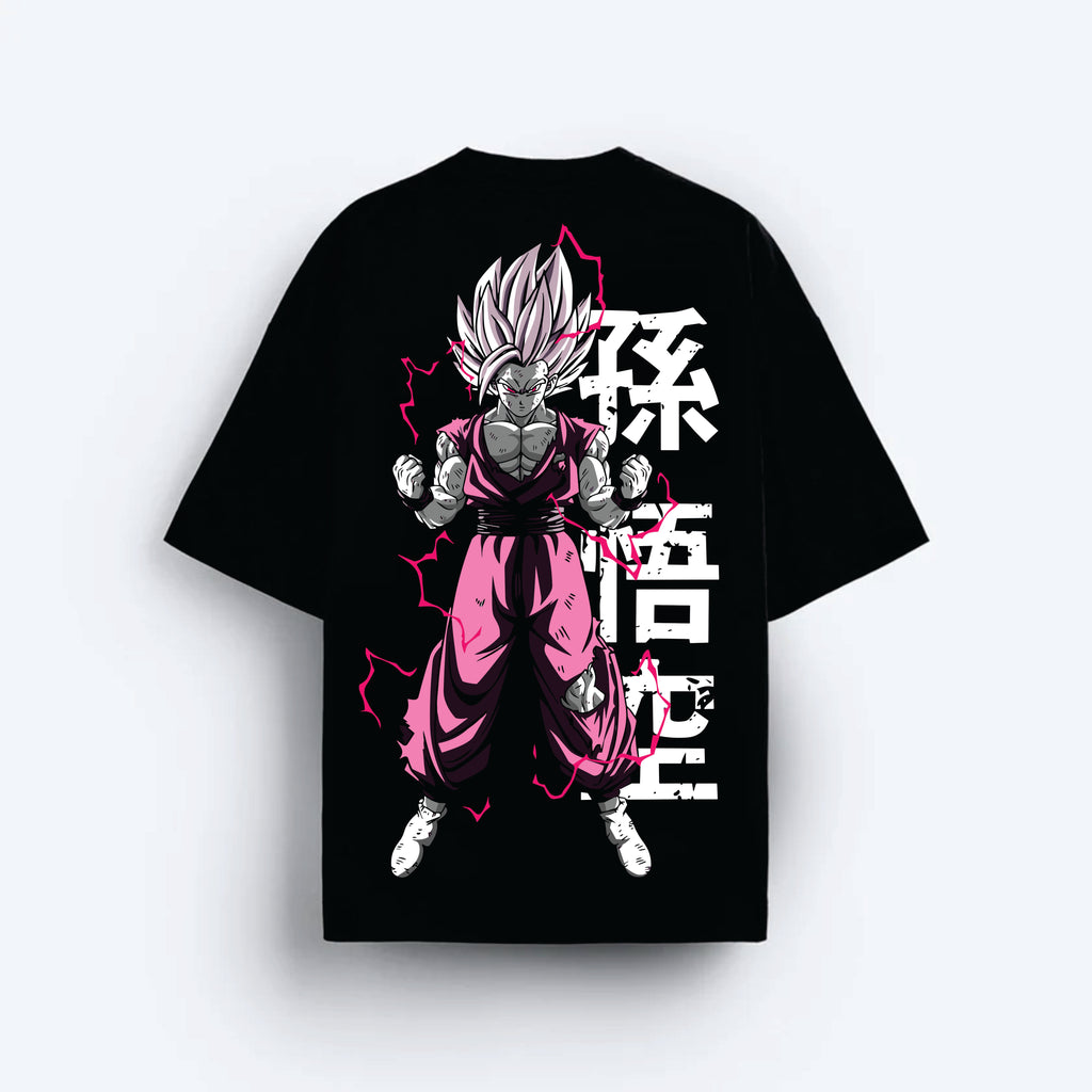 Black t-shirt with a character design and white text on a white background