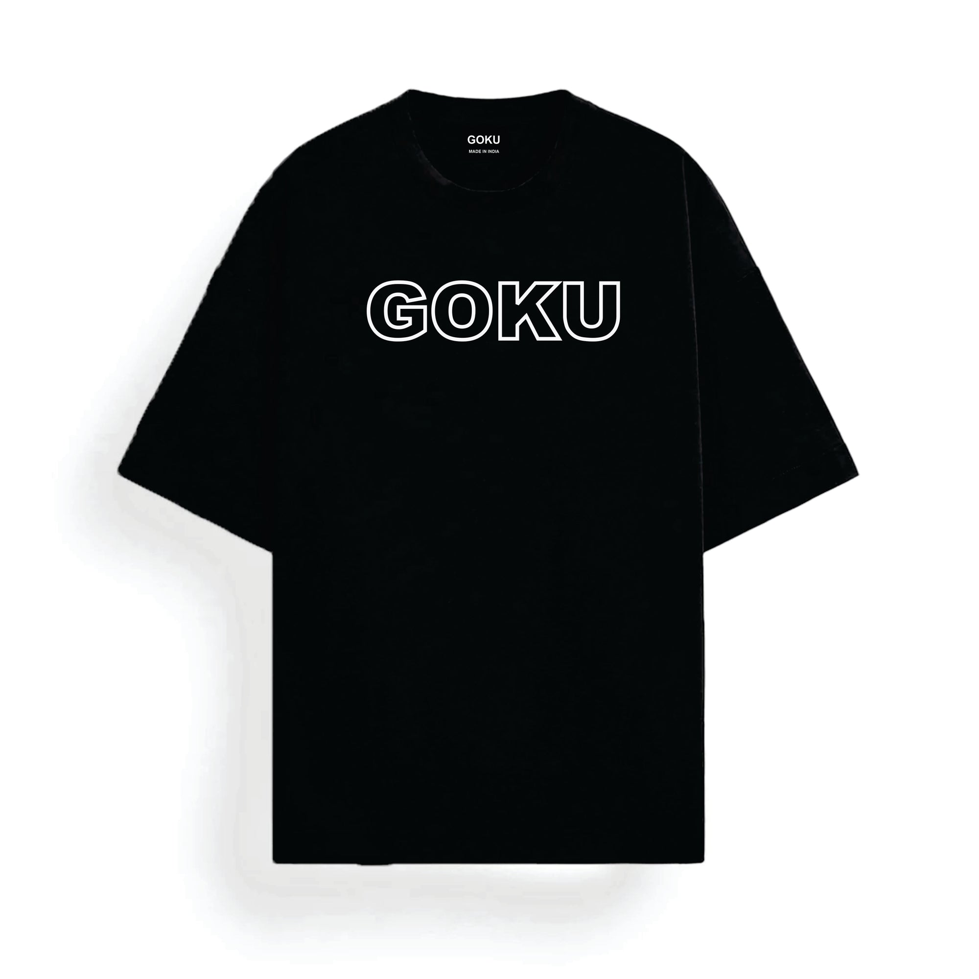 Black t-shirt with 'GOKU' printed on it against a white background