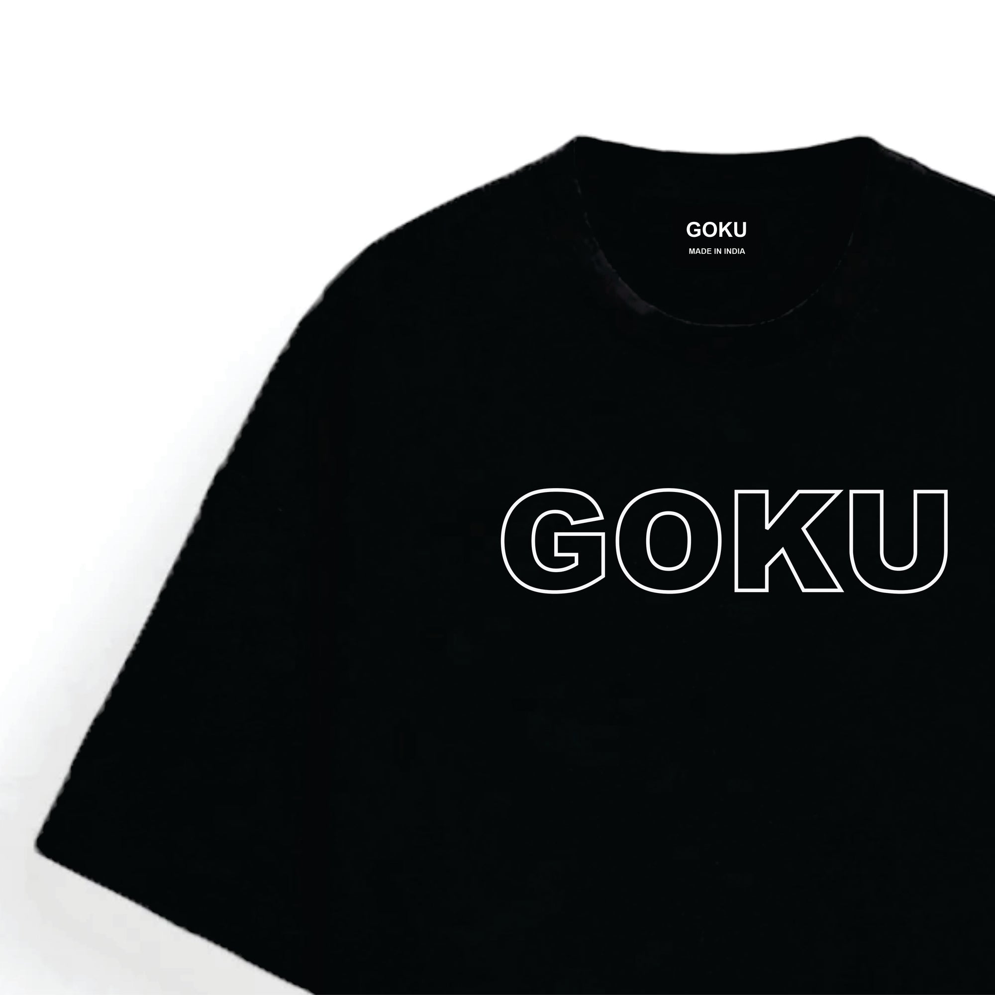 Black t-shirt with 'GOKU' printed on it against a white background