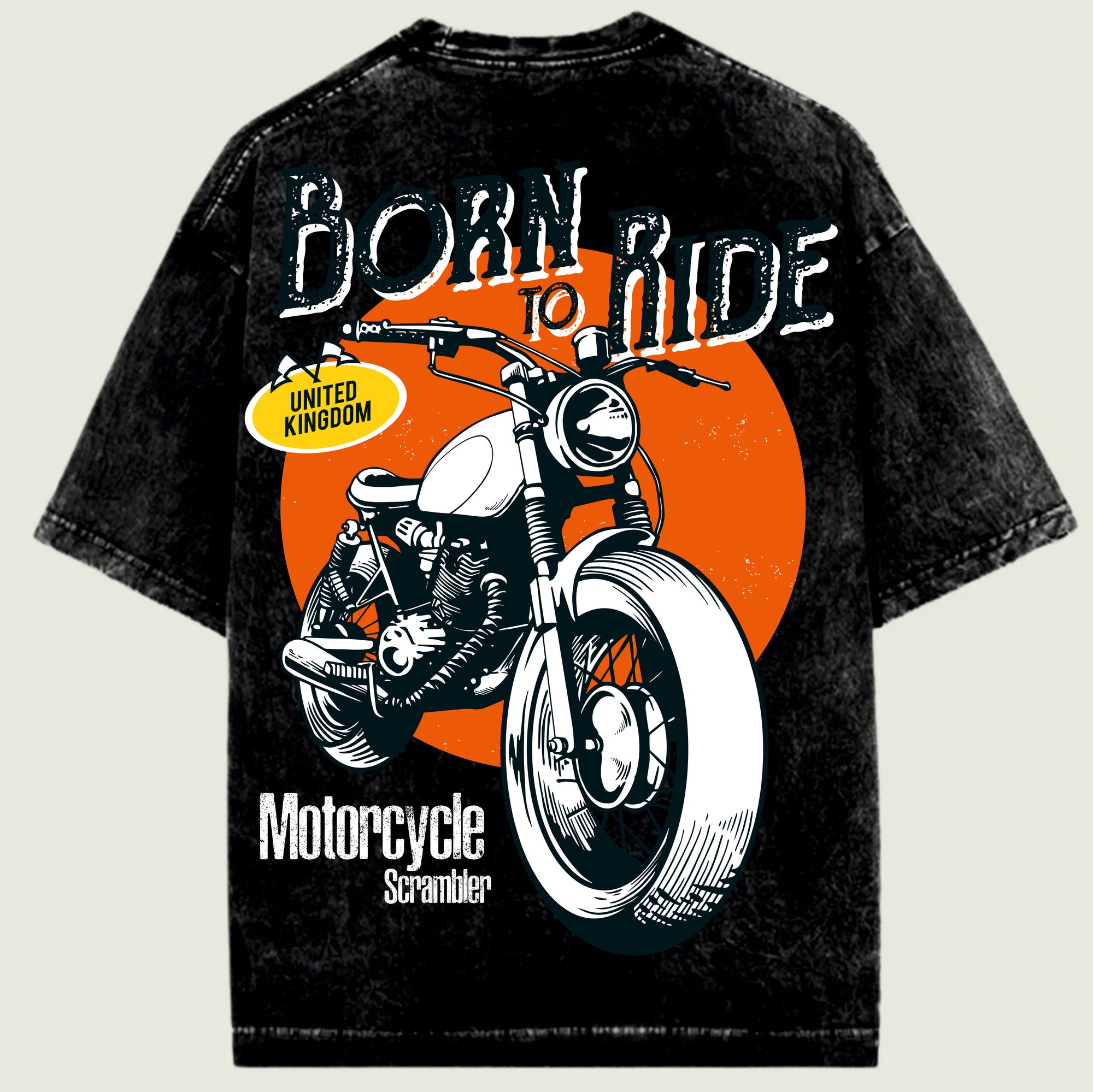 Acid washed t-shirt with a motorcycle graphic and 'Born to Ride' text on a light gray background
