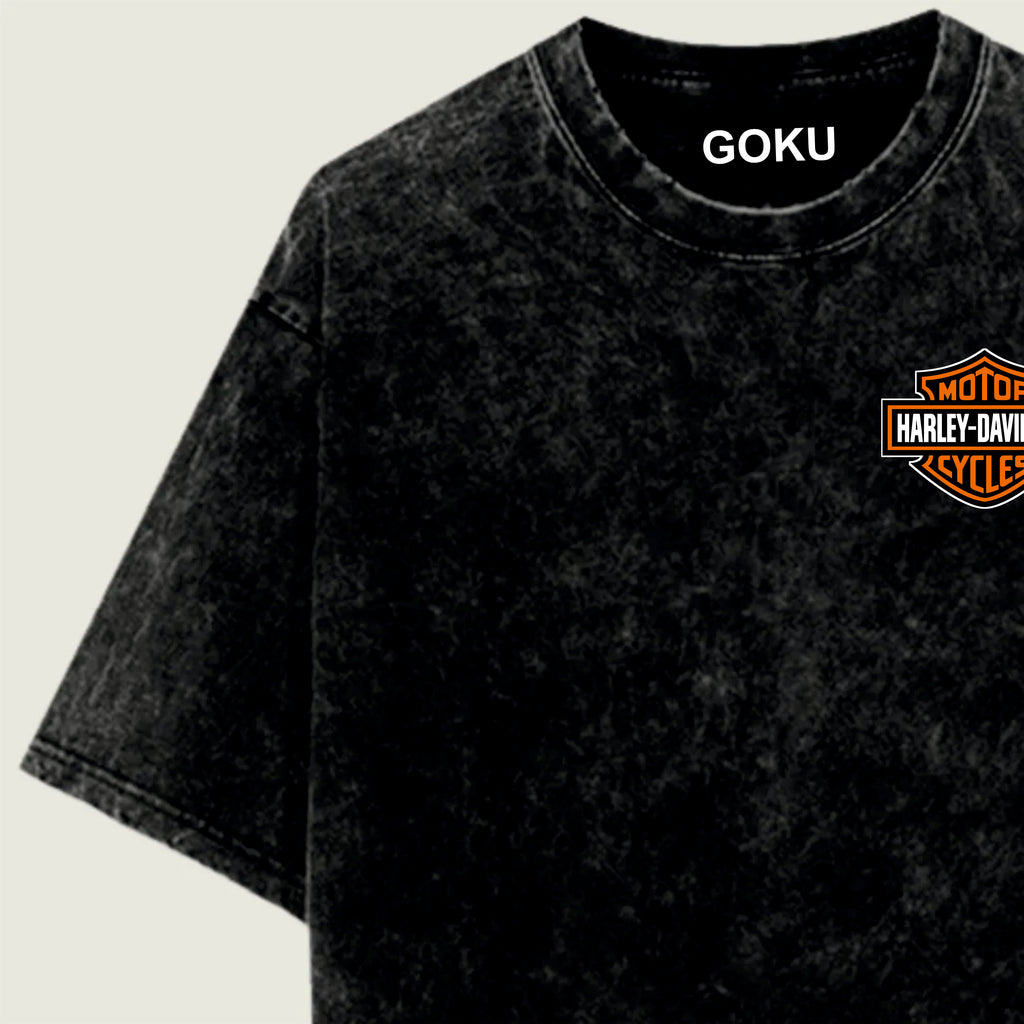 Acid washed t-shirt with 'GOKU' and Harley-Davidson logo on a beige background