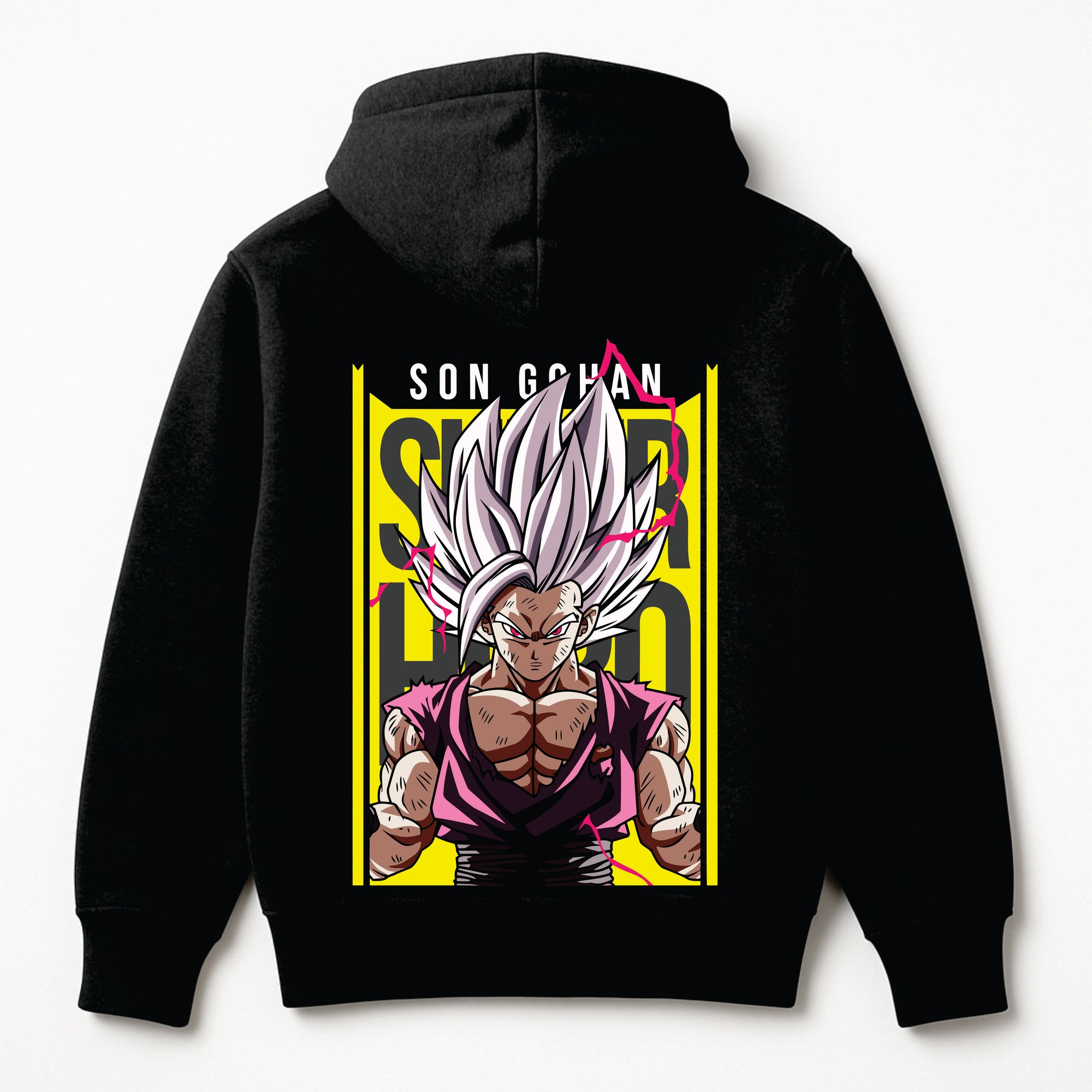 Black hoodie with a graphic of Son Gohan on the back, displayed against a white background.