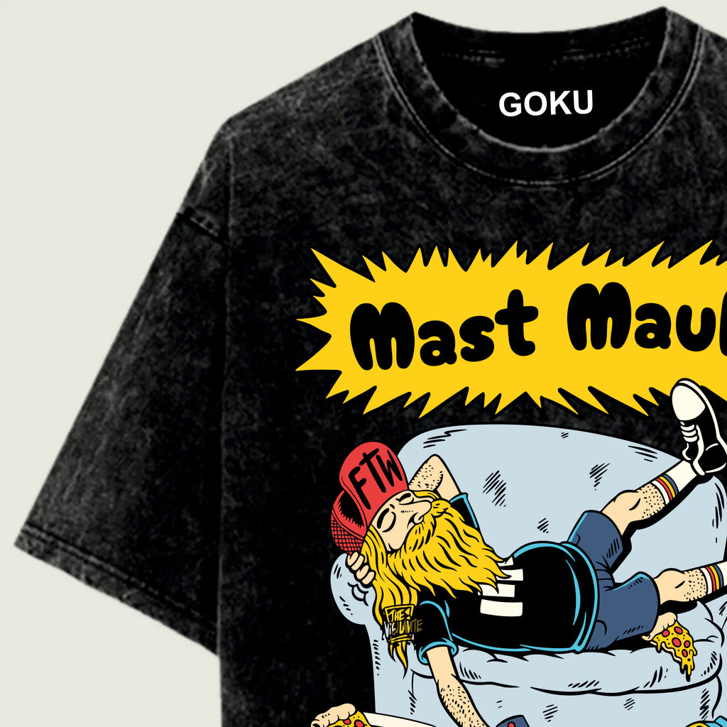 Black t-shirt with colorful graphic and 'GOKU' text on a light gray background